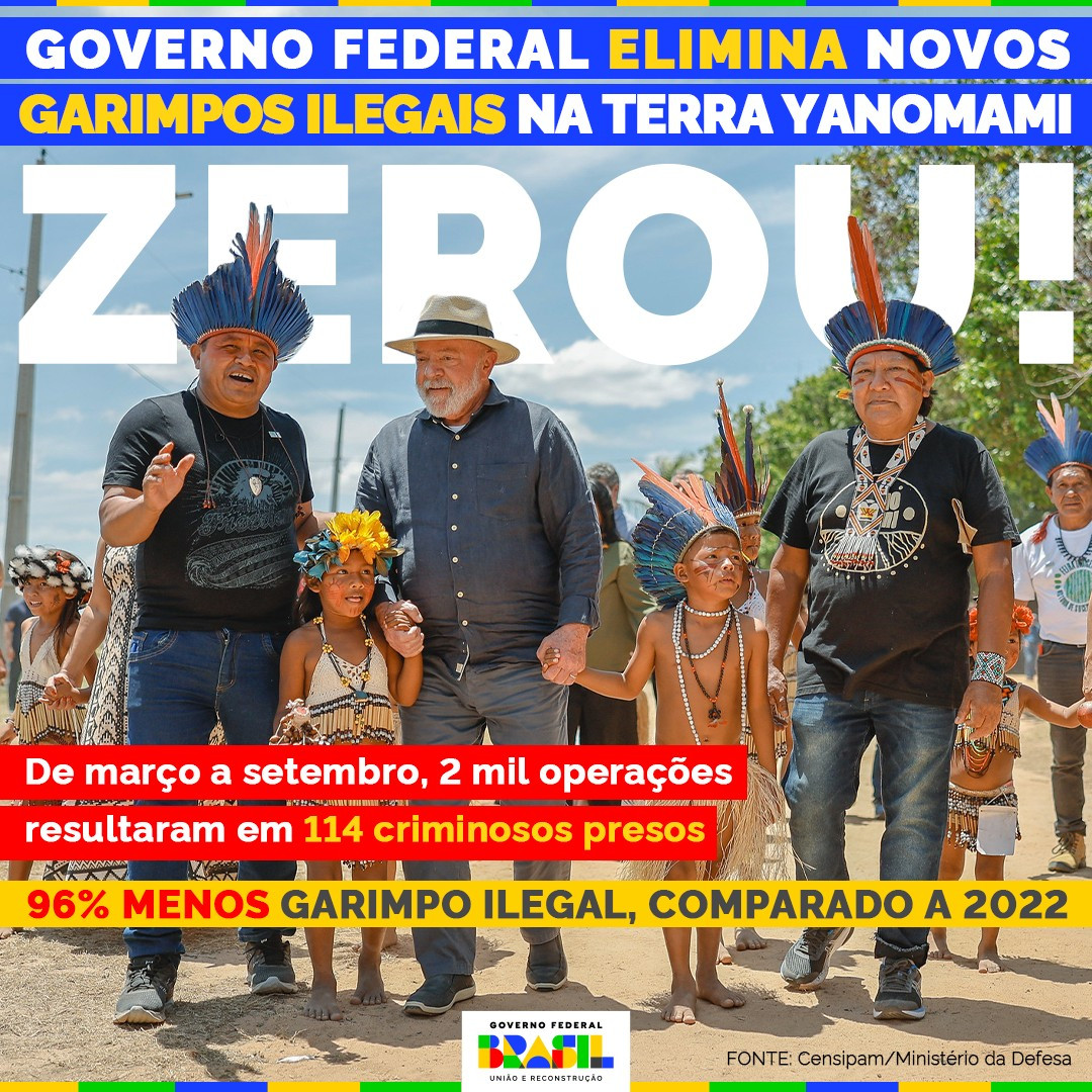 O card tem como fundo uma foto do presidente Lula em uma visita ao Território Yanomami. Ele está caminhando de mãos dadas com crianças indígenas, Davi Kopenawa e outras lideranças locais. No topo do card está o texto: "Governo Federal elimina novos garimpos ilegais na Terra Yanomami" e, logo abaixo, bem grande, a palavra "Zerou!". Na parte de baixo, estão as informações: "De março a setembro, 2 mil operações resultaram em 114 criminosos presos - 96% menos garimpo ilegal, comparado a 2022". FONTE: Censipam/Ministério da Defesa. No rodapé, a logomarca do Governo Federal.
