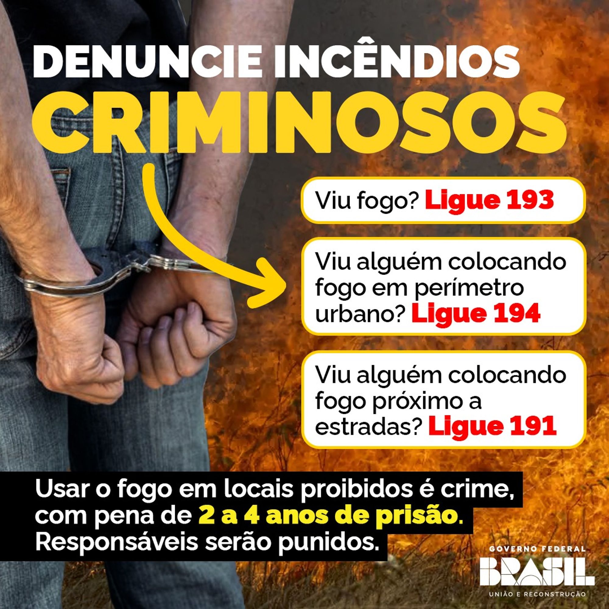 O card tem como fundo a foto da altura da cintura uma pessoa de costas, algemada, e ao lado há imagens de chamas. No topo, em destaque, o título: "Denuncie incêndios criminosos", seguido de uma flechinha indicando atitudes a serem tomadas: "Viu fogo? Ligue 193; Viu alguém colocando fogo em perímetro urbano? Ligue 194; Viu alguém colocando fogo próximo a estradas? Ligue 191". Na parte de baixo do card, mais informações: "Usar o fogo em locais proibidos é crime, com pena de 2 a 4 anos de prisão. Responsáveis serão punidos". No rodapé, a logomarca do Governo Federal.