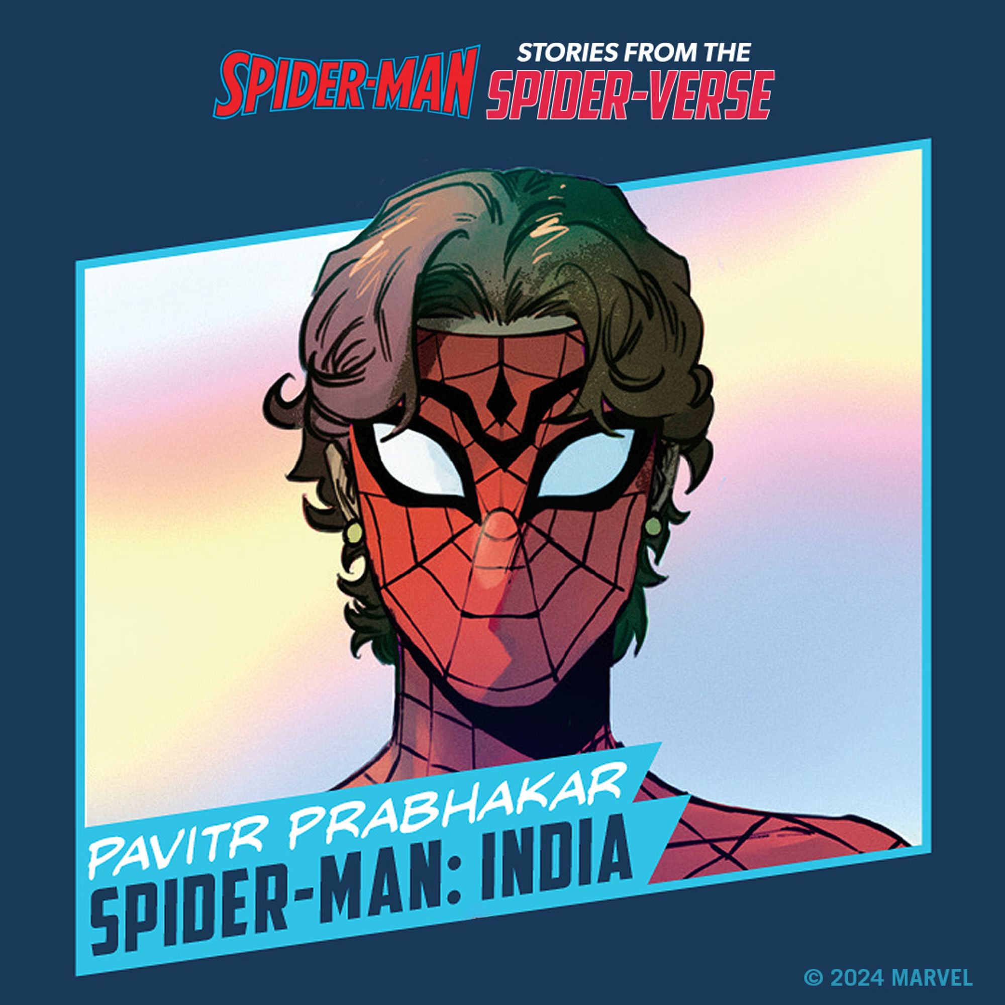 A headshot of Spider-Man: India, Pavitr Prabhakar