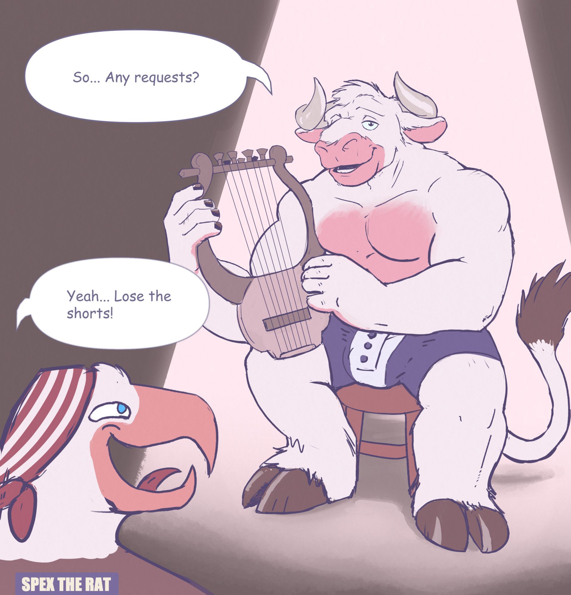 A doodle of Minotaur Hotel characters Asterion and Luke. Asterion, the minotaur, is sitting on a wooden stool with his lyre in hand. He's wearing nothing but a pair of tuxedo themed shorts

So... any requests, says Asterion. Yeah... Lose the shorts! responds Luke.