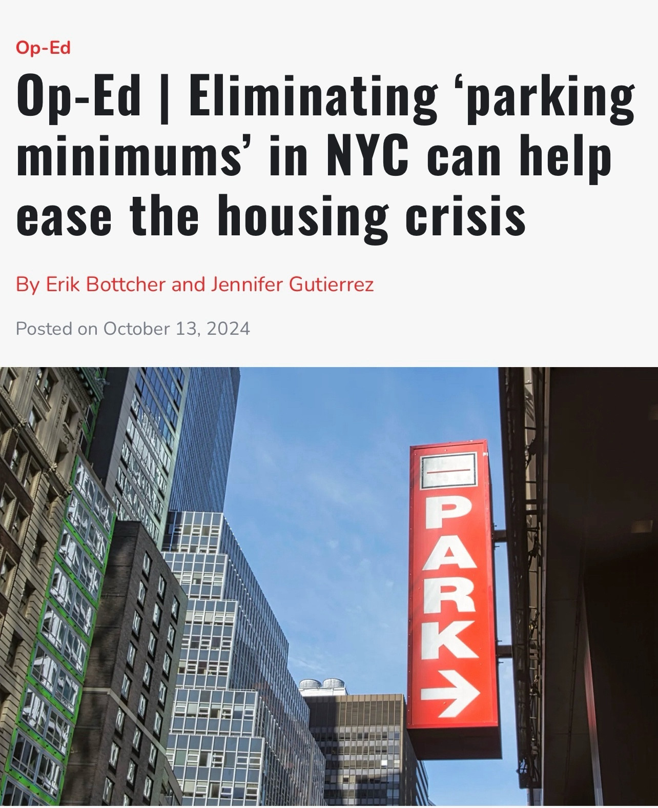 Op-Ed | Eliminating 'parking minimums' in NYC can help ease the housing crisis
By Erik Bottcher and Jennifer Gutierrez