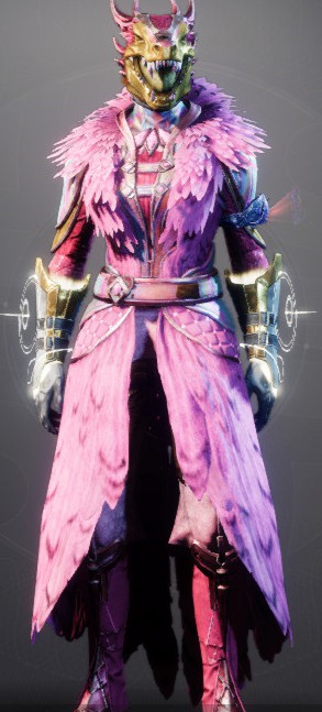 A destiny 2 warlock in pink wearing feathery robes and a dragon helm