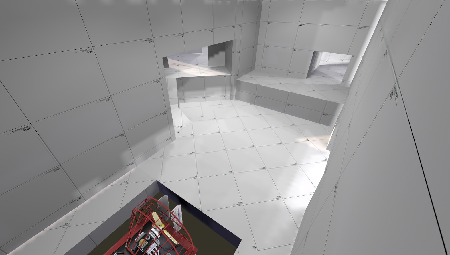 an in-development greybox level for Team Fortress 2, an overhead shot of a soon to be boathouse