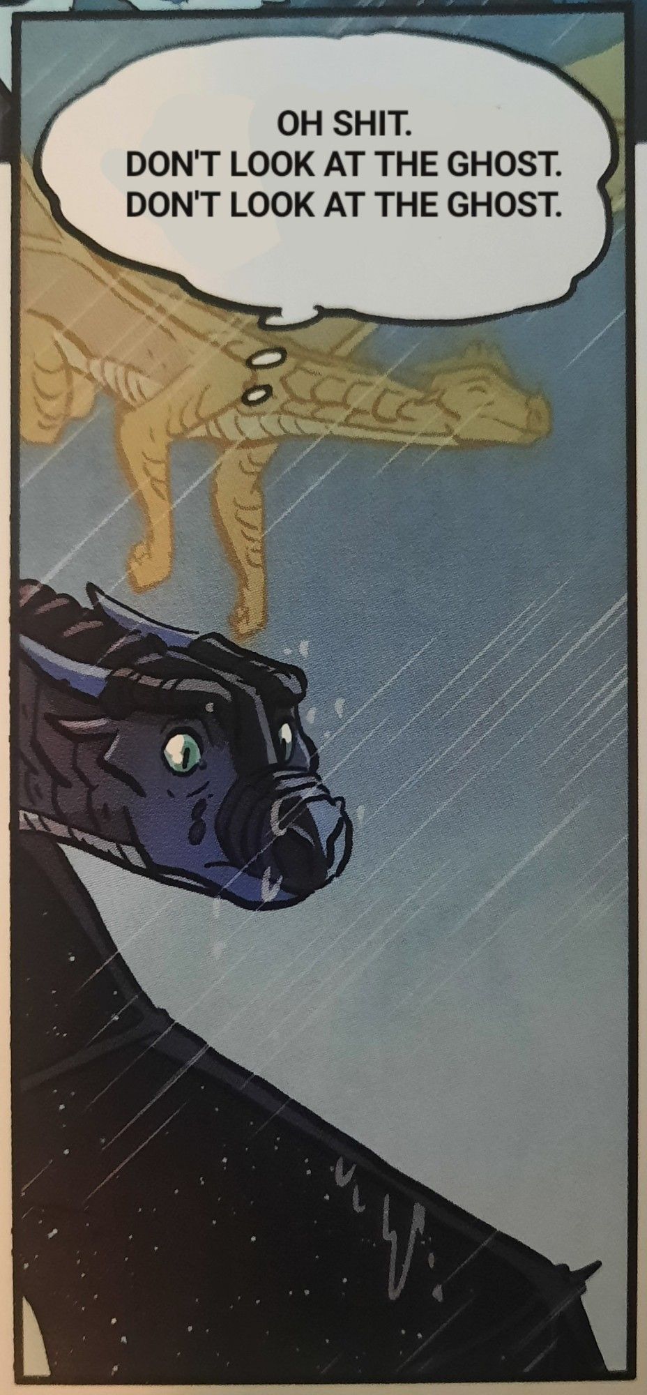 A photoshopped panel from the graphic novel  version of The Dark Secret.  In this panel, Starflight is flying through the rain looking fucking terrified as always, and there is a ghostly apparition of Sunny flying behind him.  Starflight's head is turned away from her, and he's thinking, "Oh shit.  Don't look at the ghost.  Don't look at the ghost."