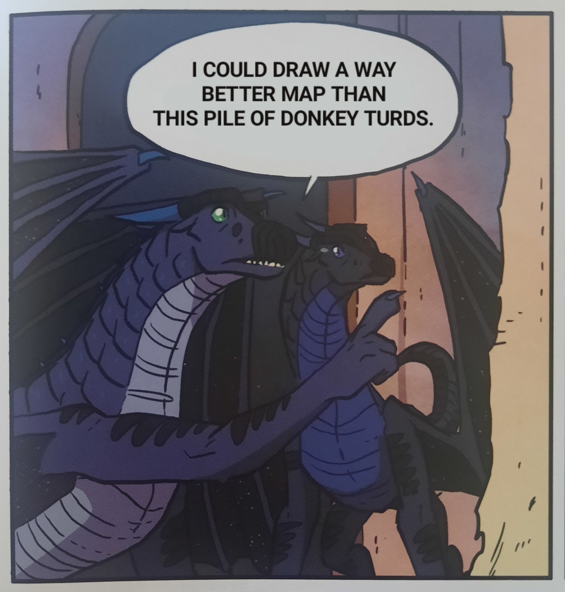 A photoshopped panel from the graphic novel version of The Dark Secret.  Starflight and Fatespeaker are looking at a large map, and starflight is pointing at it and saying, "I could draw a way better map than this pile of donkey turds."