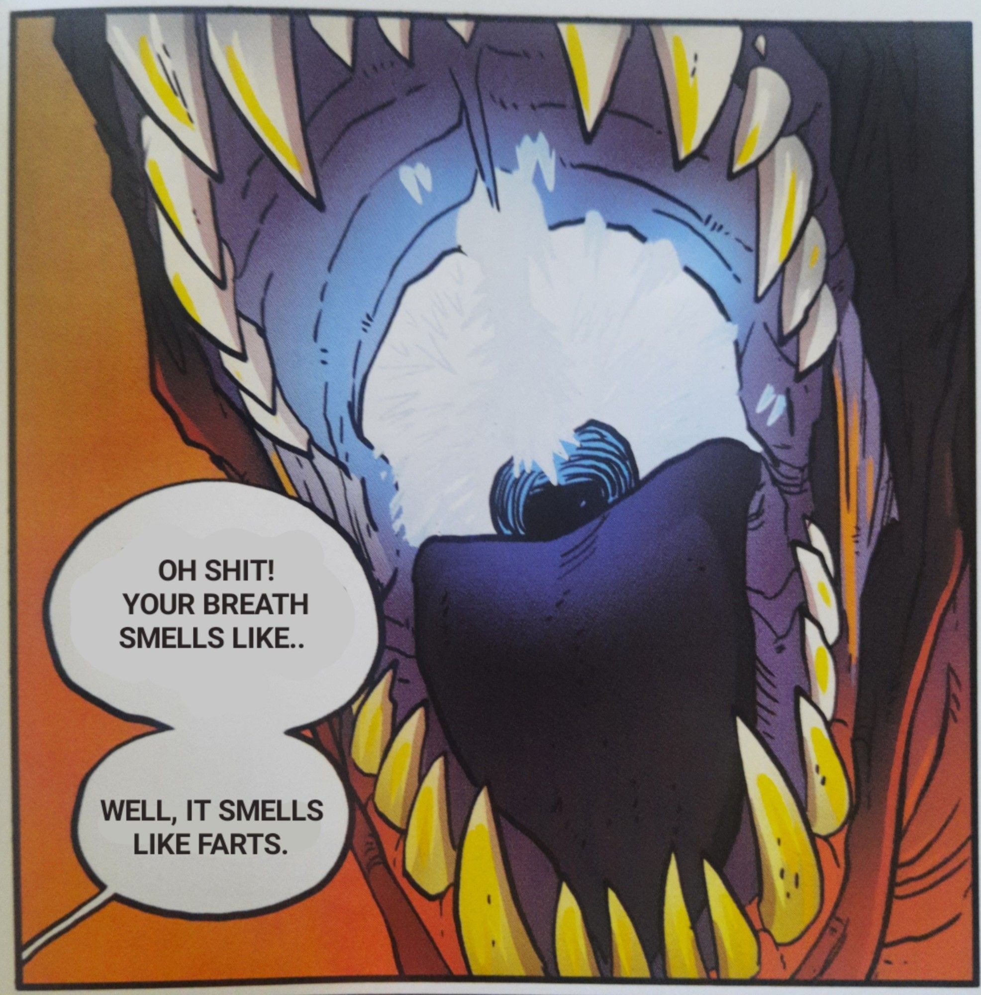 A photoshopped panel from the graphic novel version of The Dark Secret.  Most of this panel is a close-up of Queen Battlewinner's mouth opened wide.  Someone off panel is saying, "Oh shit!  Your breath smells like... well, it smells like farts."