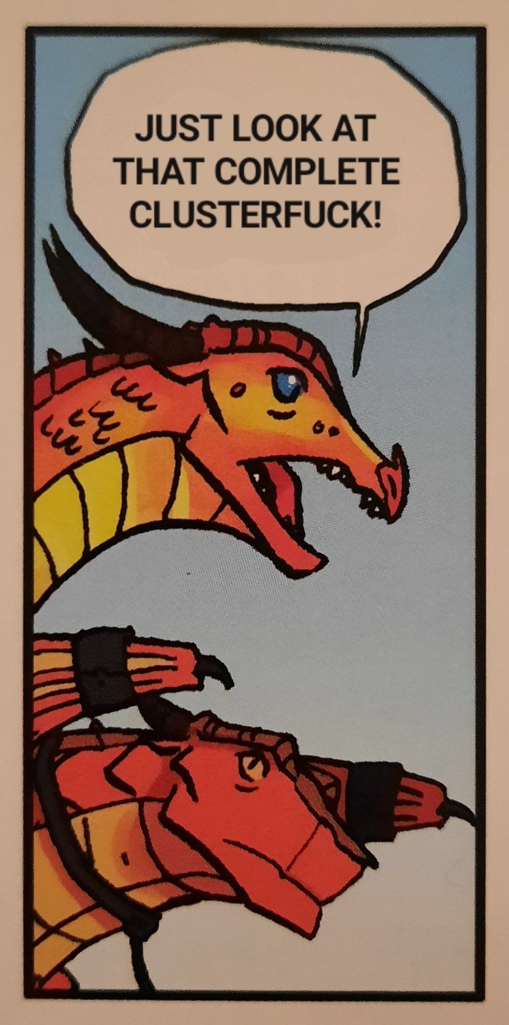 A photoshopped panel from the graphic novel version of The Dragonet Prophecy.  This scene features Clay with his neck and wings bound by metal clamps and chains, and Peril is behind him, looking into the distance and saying, "Just look at that complete clusterfuck!"