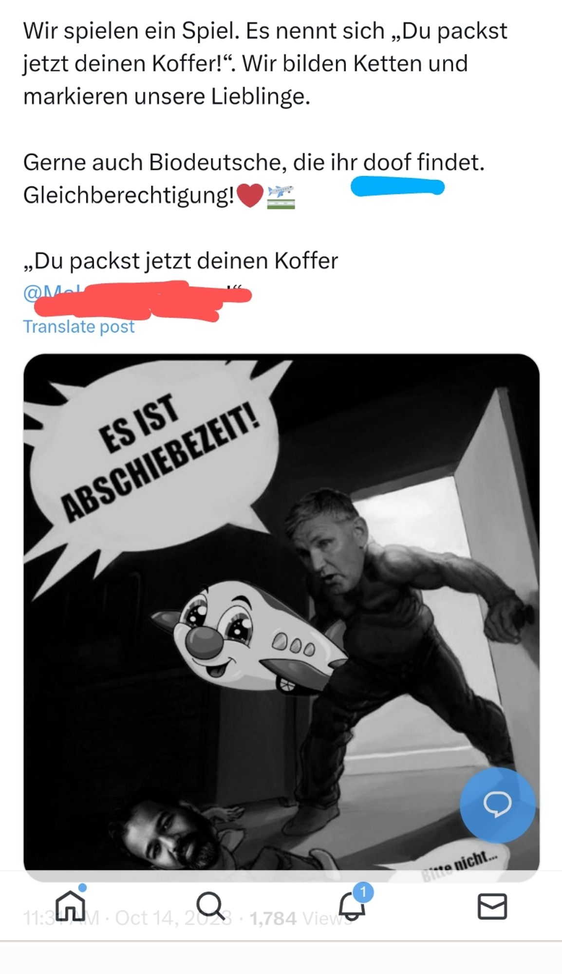 Screenshot eines abgrundtief widerlichen tweets eine männleins, dass mit einem Spielzeugflugzeug in einen dunklen Raum stürmt und ruft: "Es ist Abschiebezeit". Dazu der Text: "Wir spielen jetzt ein Spiel...." Es geht um die Markierung von "Feinden" mit und ohne Migrationshintergrund