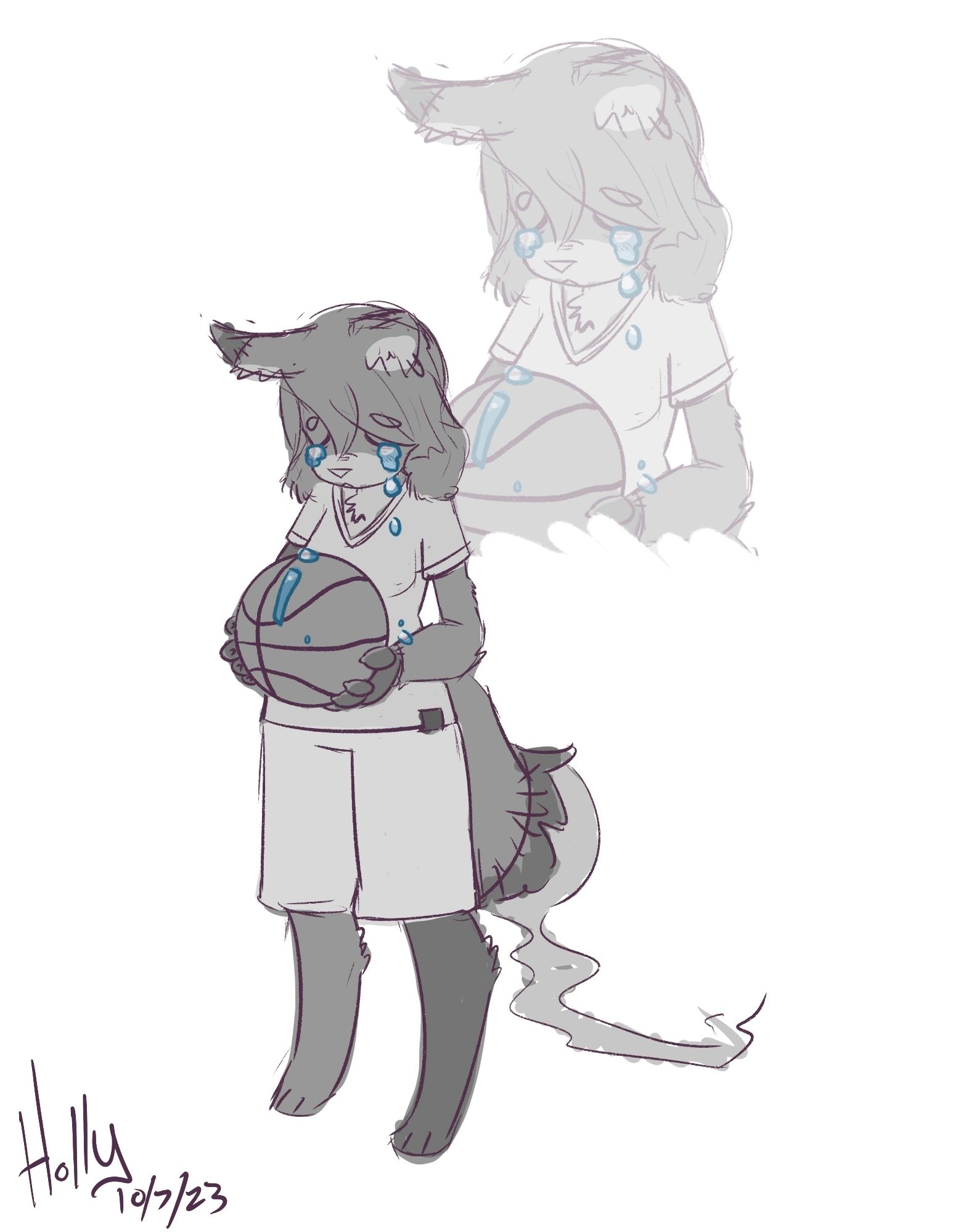 Art of a fox fursona crying onto a basketball while a bigger reflection of her is faded in the background.