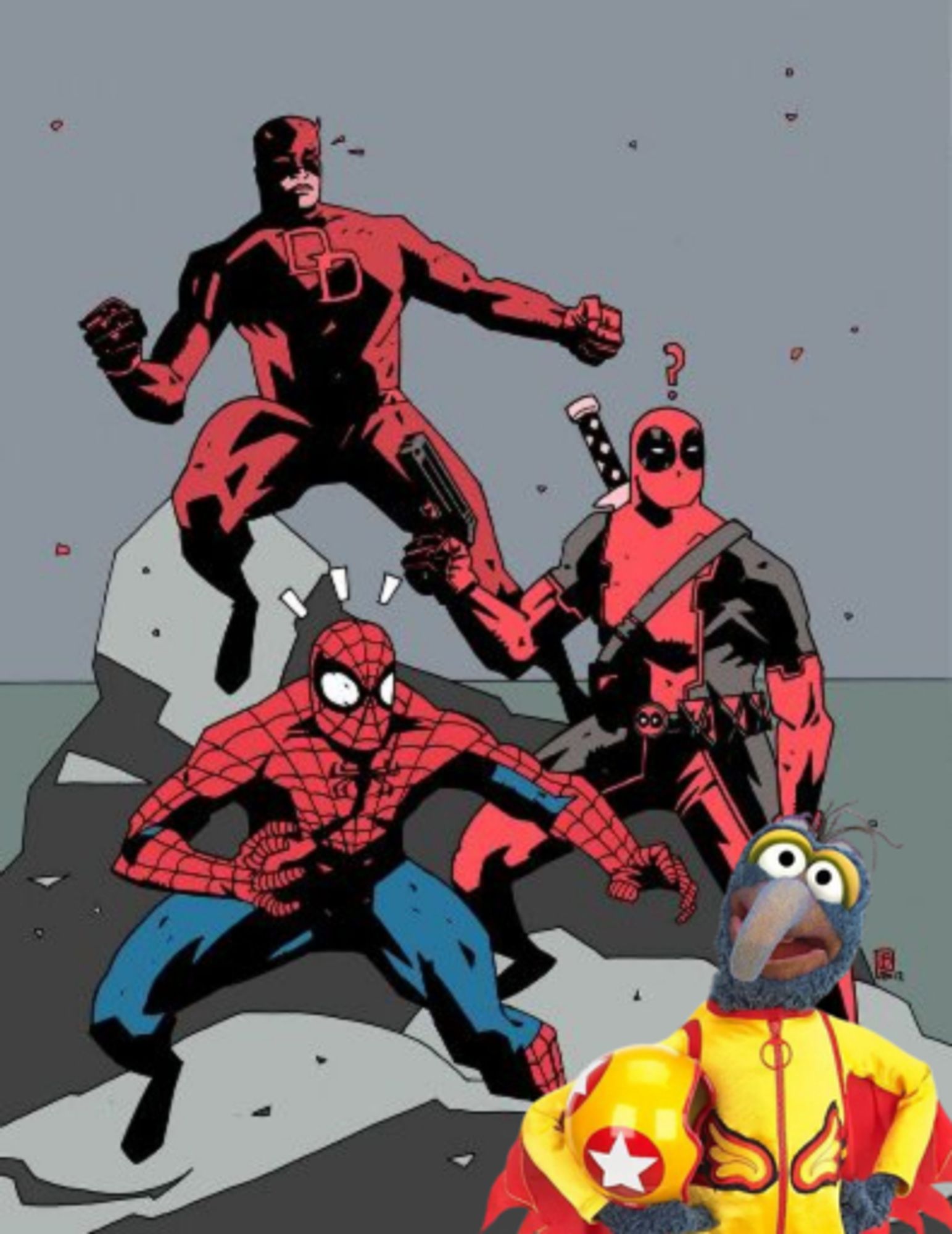 ID: Team Red (Daredevil, Spiderman, and Deadpool) are drawn in ready to fight stances facing a superimposed Gonzo the Great who stands in a superhero pose.