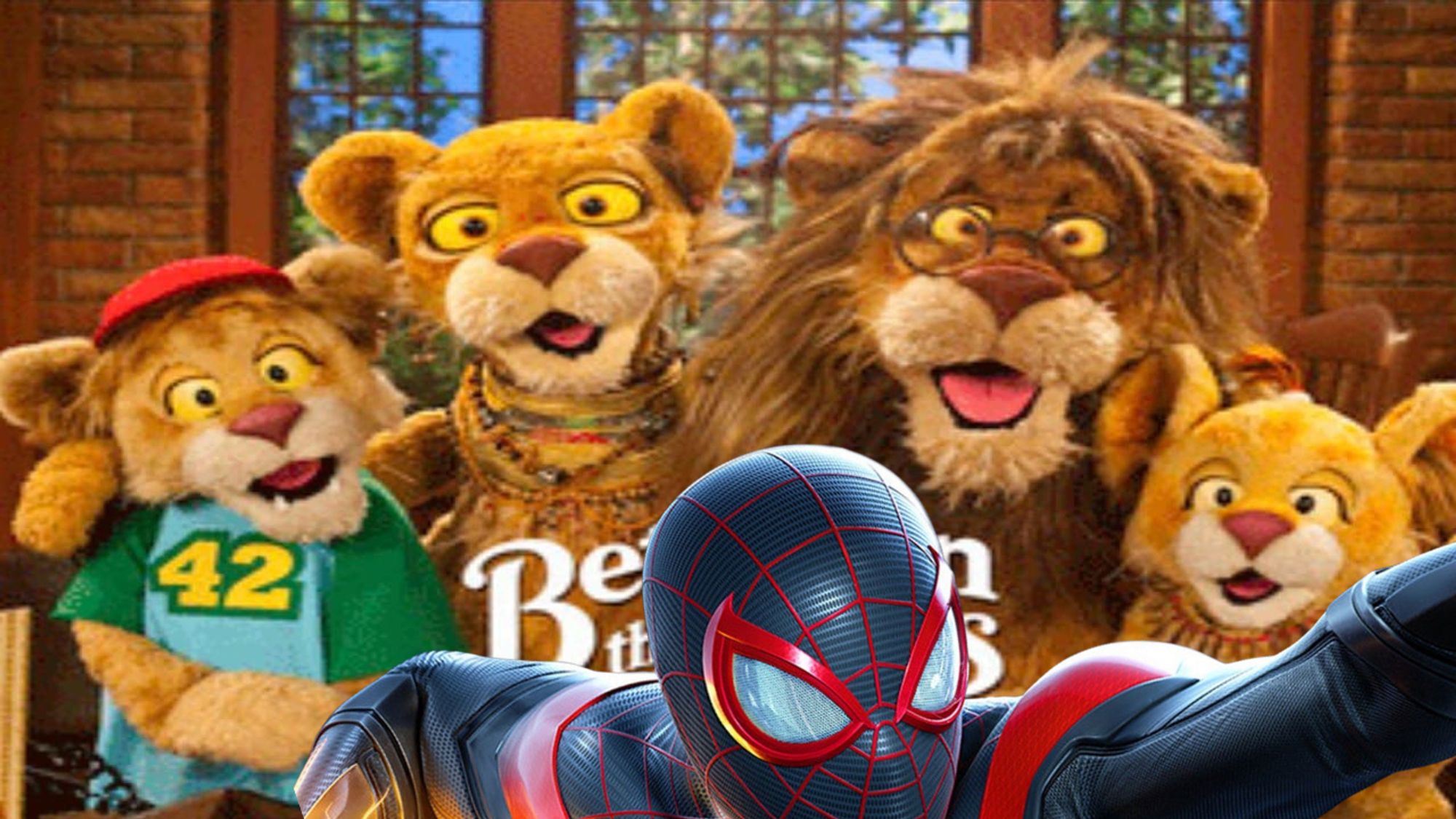 ID: a family of four Muppet Lions stand together with Miles Morales' animated Spider-Man swinging by in front.