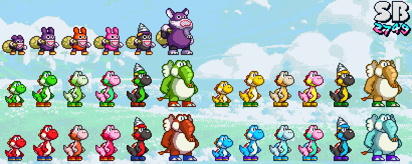 pixel fan art of Nabbit and Yoshis(in green, yellow, red and light-blue colors) using the power-ups from Super Mario Bros. Wonder