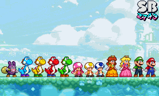 fan pixel art of the playable roster of Super Mario Bros. Wonder by me. from right to left: Mario, Luigi. Princess Peach, Princess Daisy, Blue Toad, Yellow Toad, Toadette, (Green) Yoshi, Red Yoshi, Yellow Yoshi, Light-Blue Yoshi, and Nabbit.