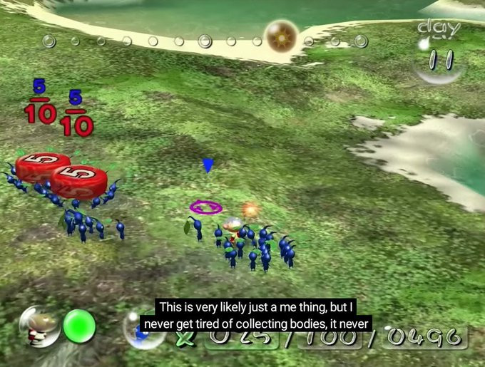 Screencap of a video where YouTube content creator plays and reviews Pikmin. On the bottom is a caption of what he was saying at that moment.

ARLO: This is very likely just a me thing, but I never get tired of collecting bodies, it never[...]