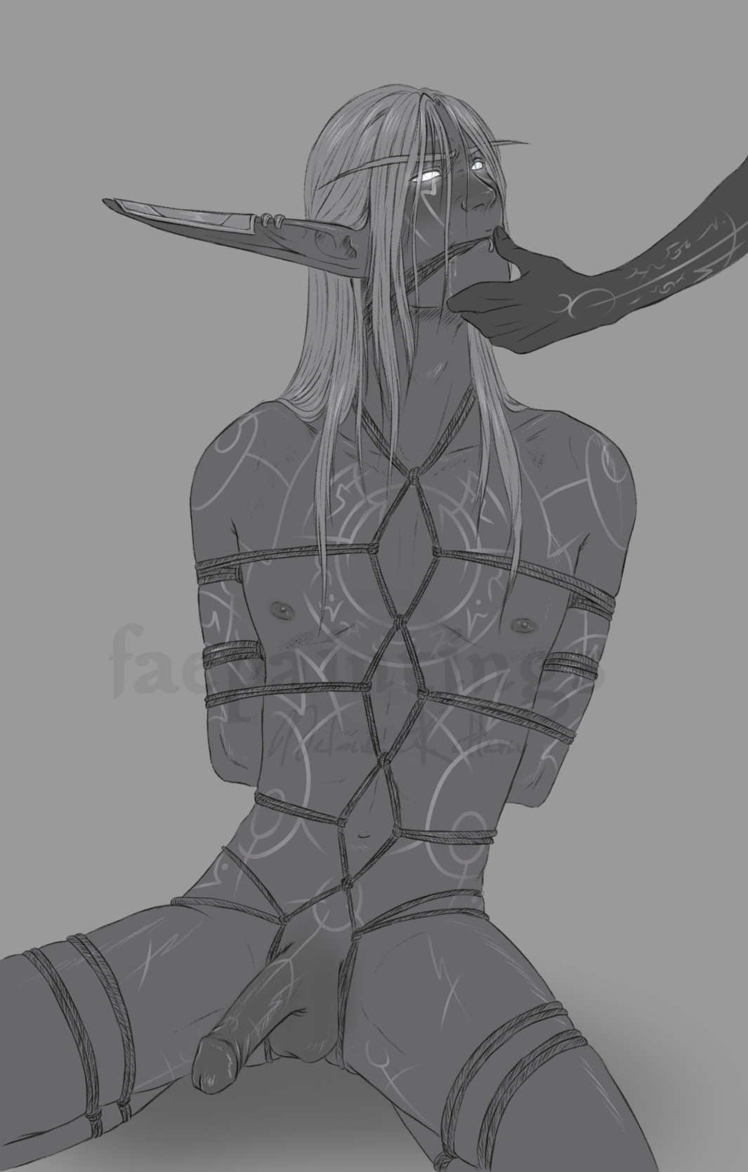 B/W drawing of a male nightborne, tied up in shibari-style. Looking up to someone that holds his head up at his chin, thumb on his lips.