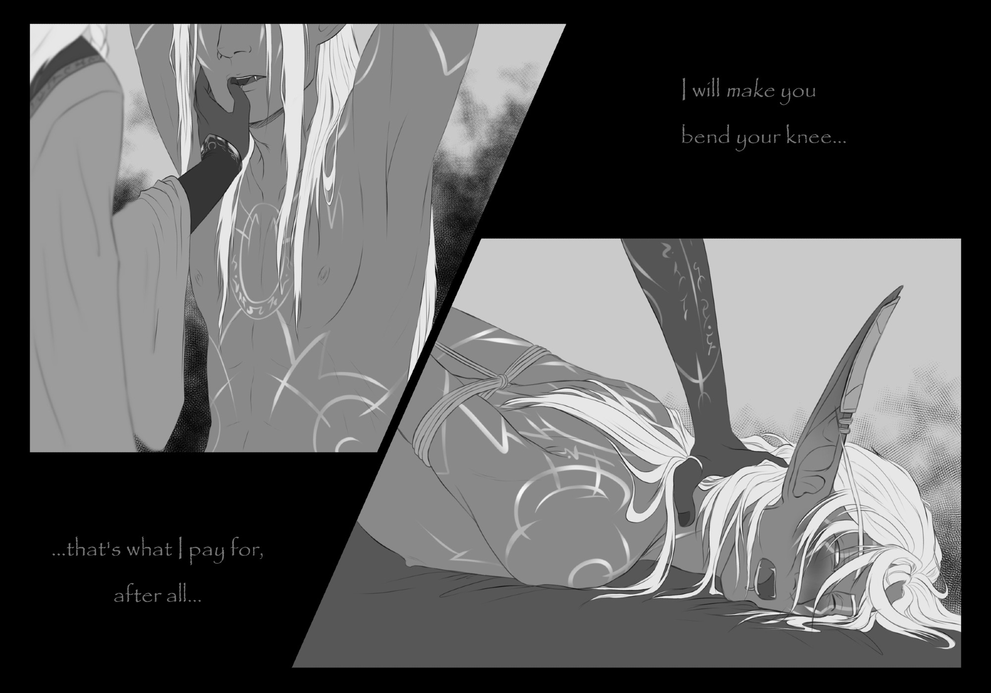 Two panels in b/w, on the first a white haired nightborne with arms tied up and another one with his hand at Sildryrns face, thumb on his lips, on the second one the white haired nightborne tied up and forcefully bent over on his neck.