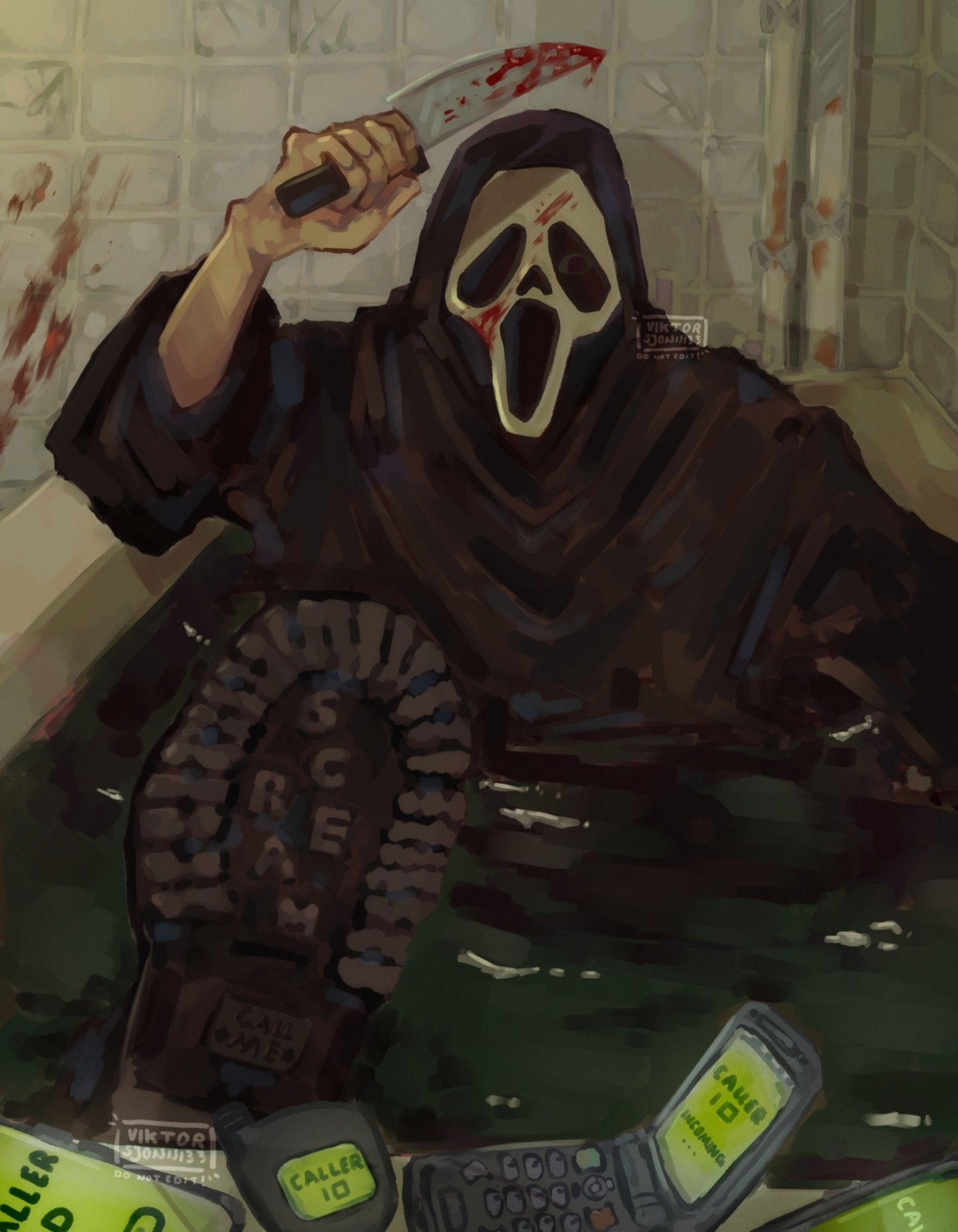 a digital painting of the iconic horror slasher "ghostface" from scream sat in a beige bath with dark green water. he has a bloody knife raised above his head, there's blood splatters on his mask, and on the wall behind him. 
he has his boot against the edge of the bath that has multiple phones from all sorts of years on it with a lit up green screen that reads "caller ID"