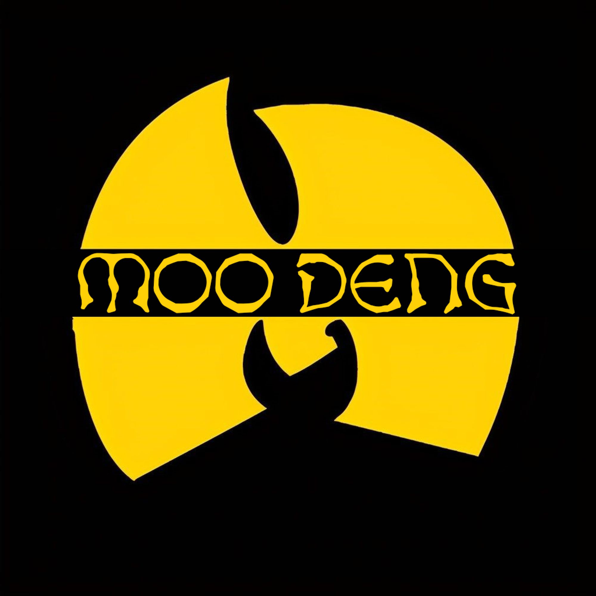 The Wu-Tang logo flipped upside down to be an 'M' and it says Moo Deng