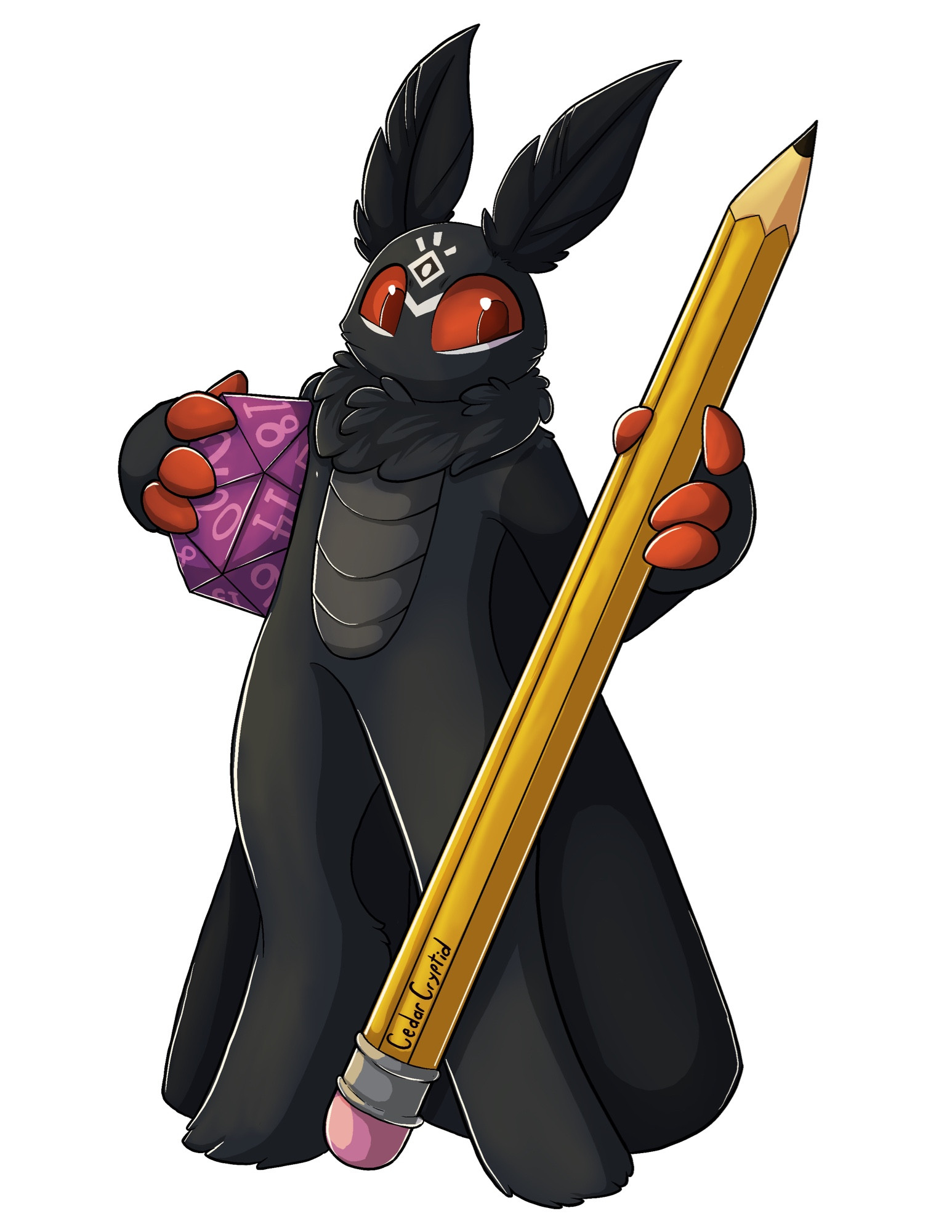 Moff fursona, similar to Mothman , red black and white, holding a pencil and D20