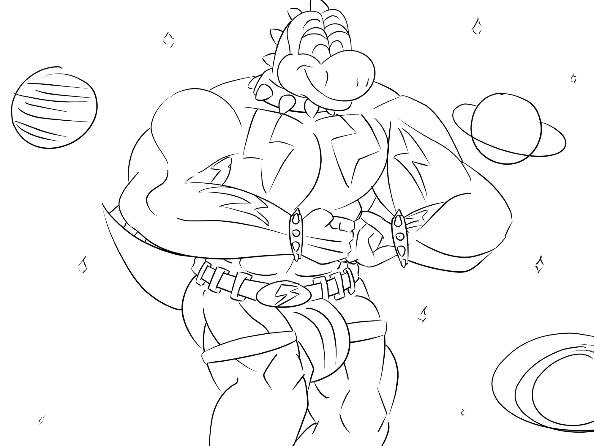 A giant muscular Yoshi with lightning tattoos on his pectorals and his arms flexes while planets surround him.