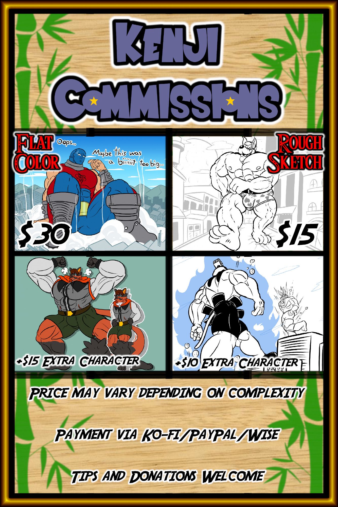 Price sheet for art commissions. Flat Color, $30. Extra character, +$15. Rough Sketch, $15. Extra character, +$10. Price may vary depending on complexity. Payment via Ko-Fi, PayPal, Wise. Tips and donations welcome.