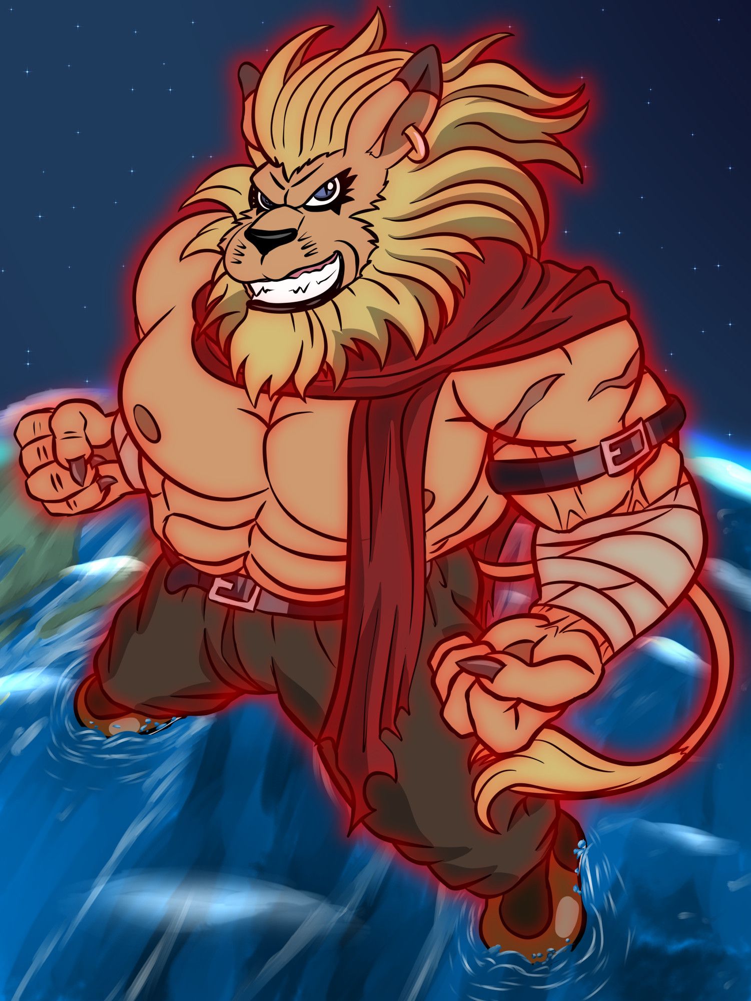 Leomon, a muscular anthropomorphic lion-like character from Digimon, grins as his body glows red and he flexes his muscles and grows bigger than the planet, oceans rippling under his boots. He's wearing the outfit of a wolf character named Bergamo from Dragon Ball Super, which consists of a long red scarf, leather belts around his biceps, hand wraps, baggy pants and combat boots.