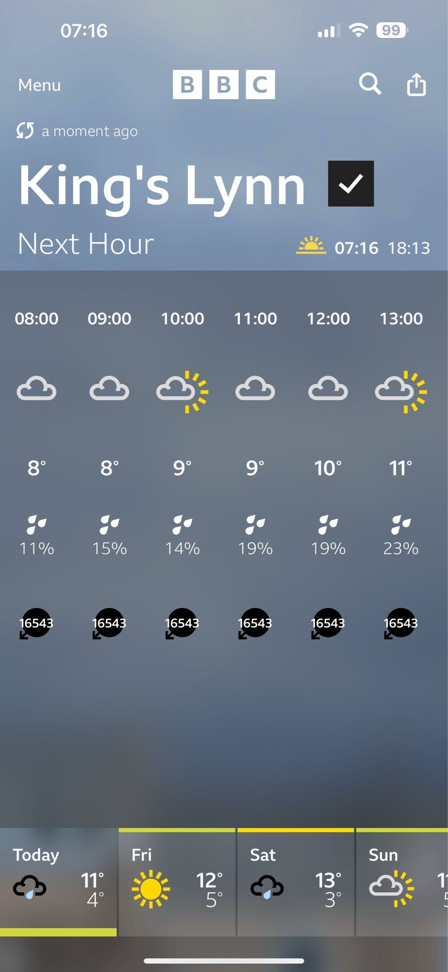 Screenshot of the bbc weather app for King’s Lynn. Predicting a chance of rain and wind speeds of 16543 mph. So a tad gusty.