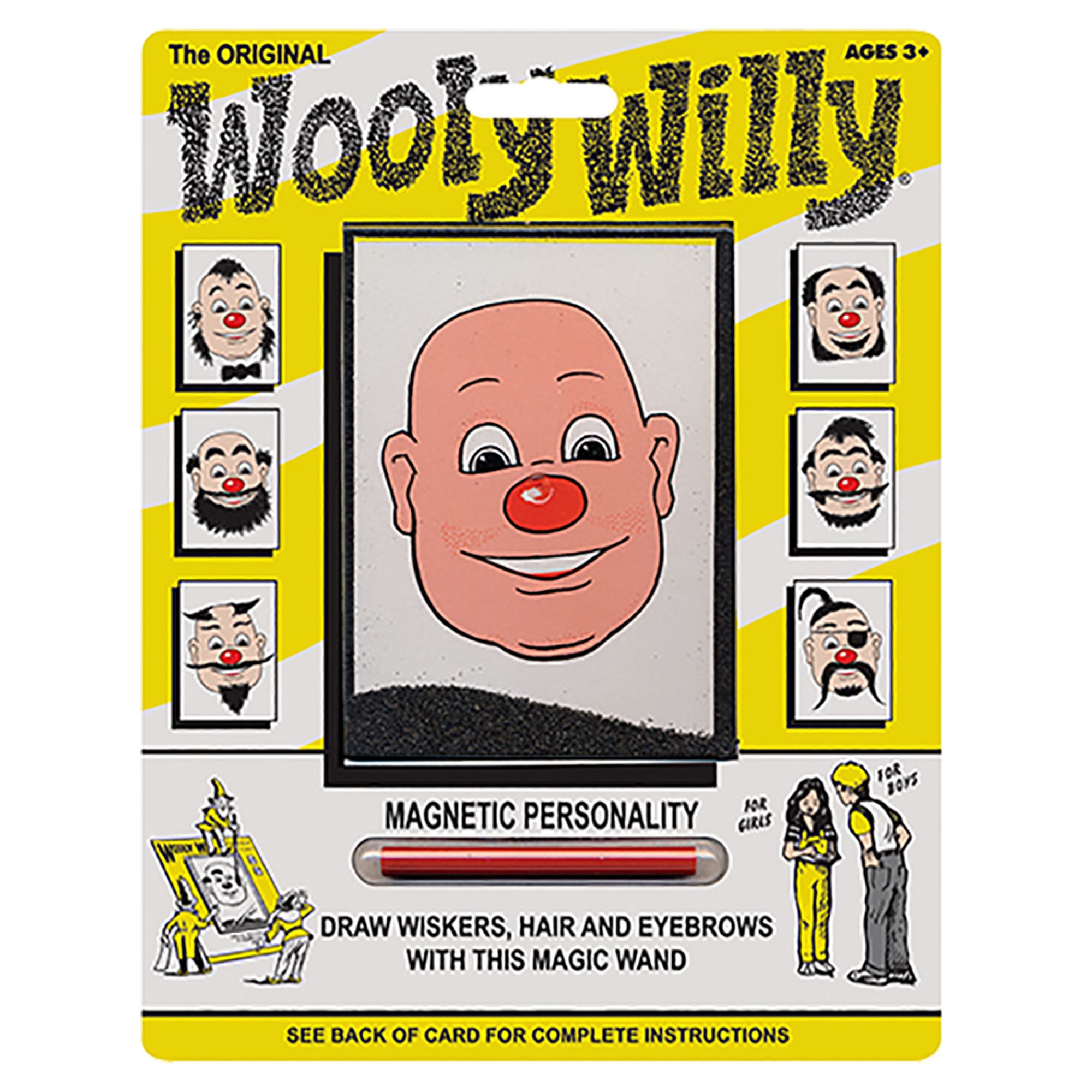 Packaging for Wooly Willy toy, a photo of a round-faced bald white man with iron filing at the bottom. The point was to use an included magnet and the filings to give Willy hair. Color palette is yellow and white background with black and red accents.