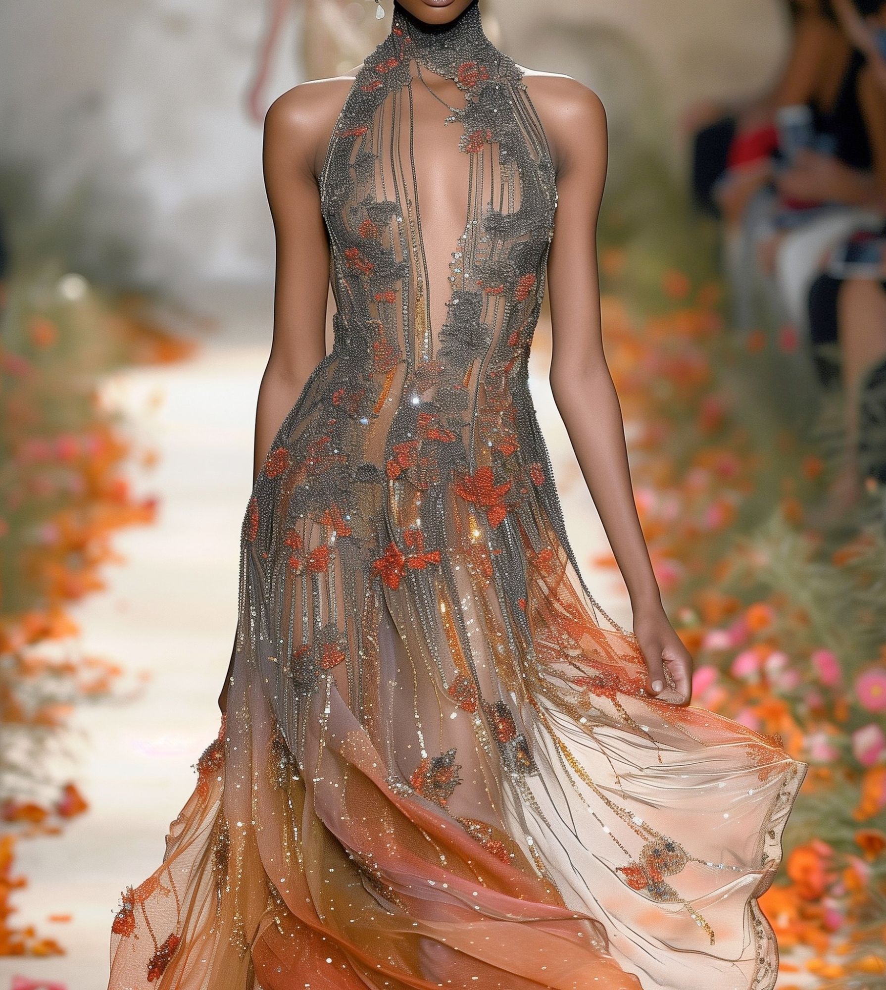 A gauzy dress in ombre with gray at the top merging into a lovely warm orange at the bottom. It has a collar around the neck with a neckline deeply cut to the waist. It's a gauze underlay with all the colored bits done using beadwork and sequins. Detailing includes  gray and orange leaves with more gray in them at the top of the dress graduating into more orange at the bottom. It is stunning.