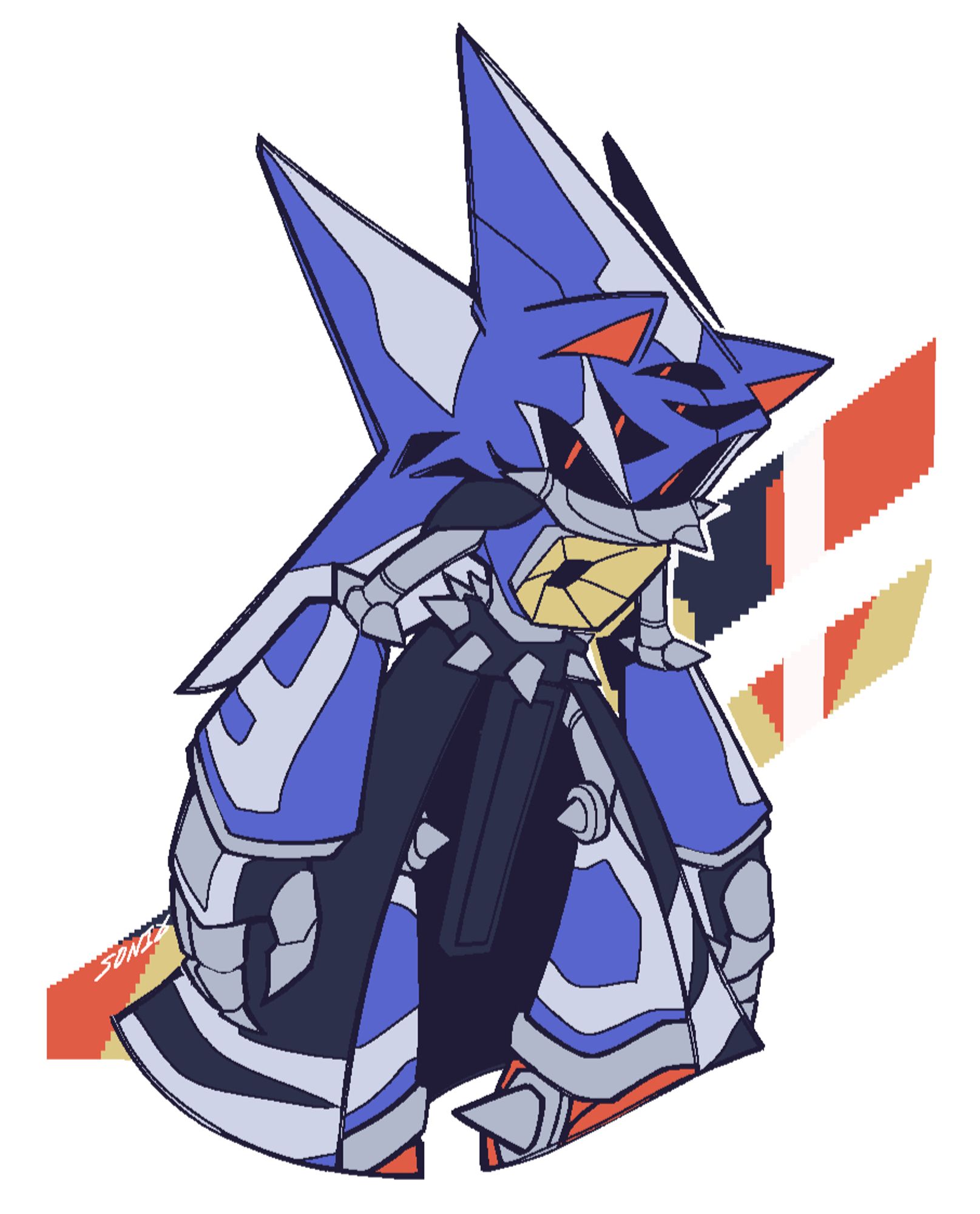 a three-quarter digital colored sketch of neo metal sonic. she’s leaning slightly forward with her hands at her sides. she has three extra eyes along her forehead and she’s looking at the viewer. neo is on top of a white background with two multicolored (orange, yellow, black) stripes behind her.