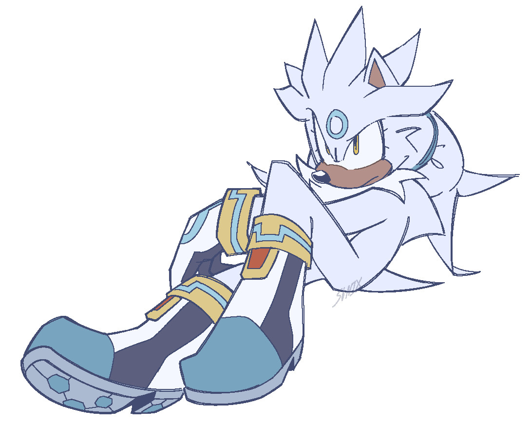 a colored sketch of silver the hedgehog. he's sitting back with one leg propped up and an arm crossing over his body. he's looking forward with a slightly confused expression. additionally to silver design he has a small blue circle on the middle of his forehead and his back quills are tied back into short braids with a blue cloth.