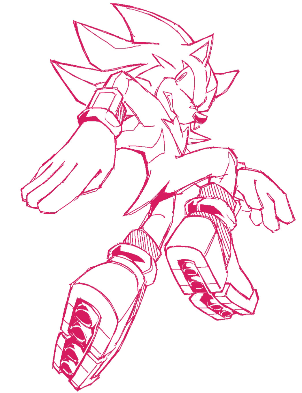 an uncolored fullbody sketch of shadow the hedgehog. the sketch is a redraw from an existing 2d render of shadow. he's in the air with one leg down and the other halfway up. he's looking over his shoulder. his right arm is pulled back and pointing downwards while the other is mostly hidden behind him. additionally, shadow has a small nose ring.