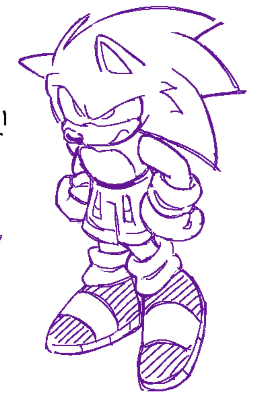 an uncolored fullbody sketch of sonic the hedgehog. he's wearing a pair of shorts. sonic has his hands against his hips with an irritated look on his face.