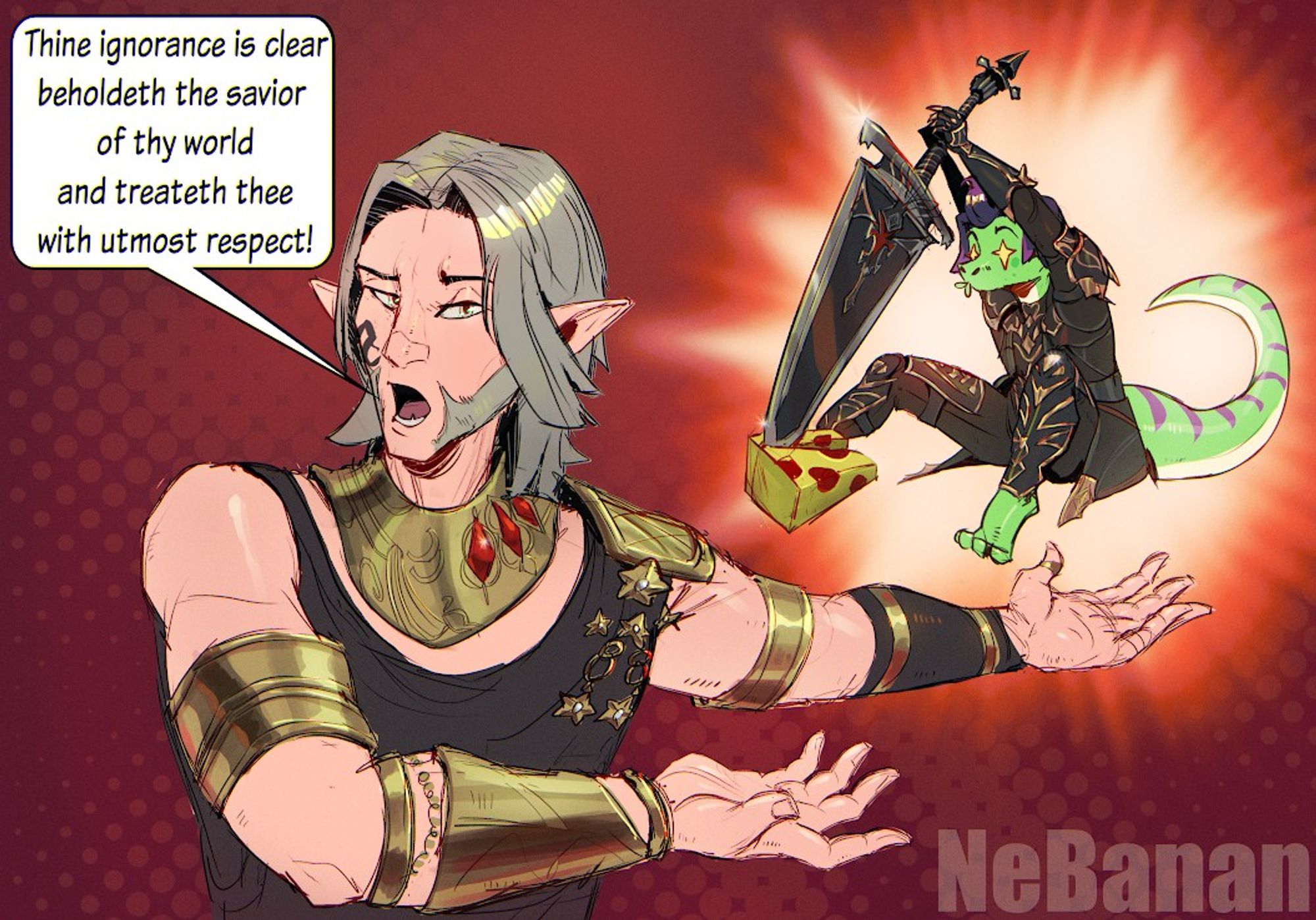 art of Greb sat down wearing dark coloured plate armour as it holds a giant greatsword over its head as a makeshift cheese knife for a wedge of cheese on the floor in front of it. In the foreground is a final fantasy 14 elezen character named Urianger gesturing toward Greb saying: "Thine ignorance is clear, beholdeth the savior of thy world and treateth thee with utmost respect!"