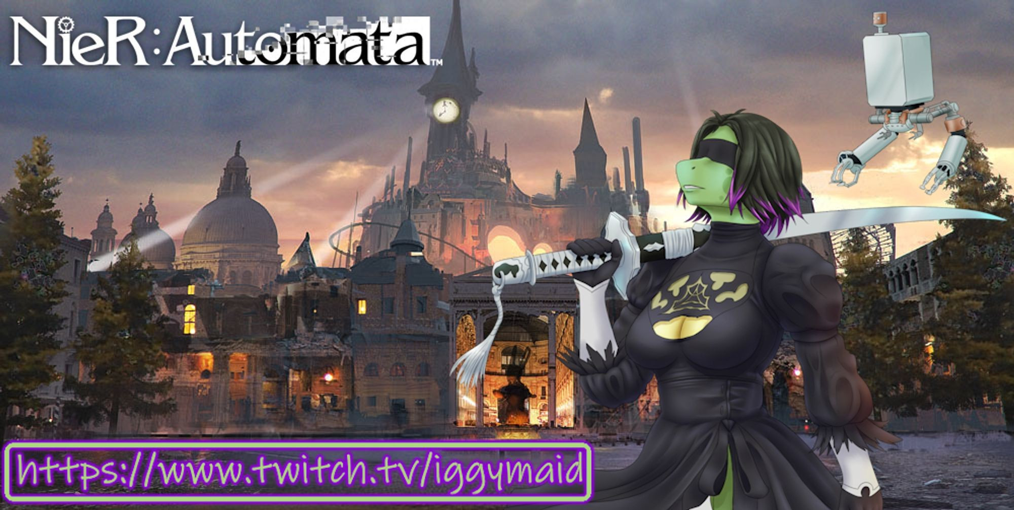 Image of the amusement park from Nier Automata with a large castle that has a heart shape cut into the structure itself as it sits against a dimly lit dusk sky. Iggy is edited into the picture wearing a cosplay of main character 2B with a sword and the robotic floating pod next to her. The games title is in the upper left and the lower left contains a Twitch link - https://www.twitch.tv/iggymaid