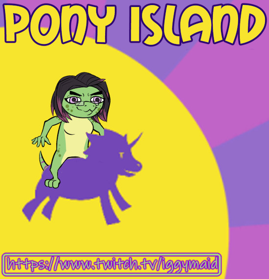 A simple image of a flat coloured purple unicorn midair silhouetted against the sun with variants of purple gradients emitting from it in stripes. Greb is edited to look like it is riding the pony.
The top of the image reads Pony Island & the Twitch link is below - https://www.twitch.tv/iggymaid