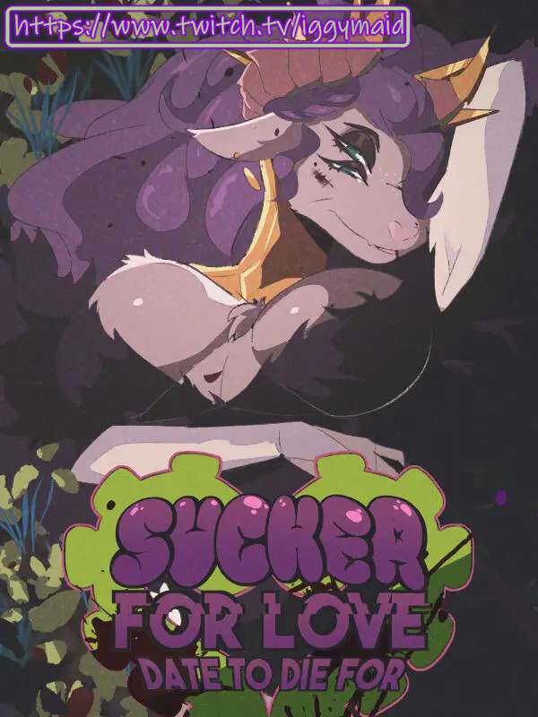 Sucker for love title art featuring the games logo in green and purple with a large anthro demon goat lady with extra eyes posing above the logo, she has purple hair & heavy eye makeup as she smiles coyly at the viewer