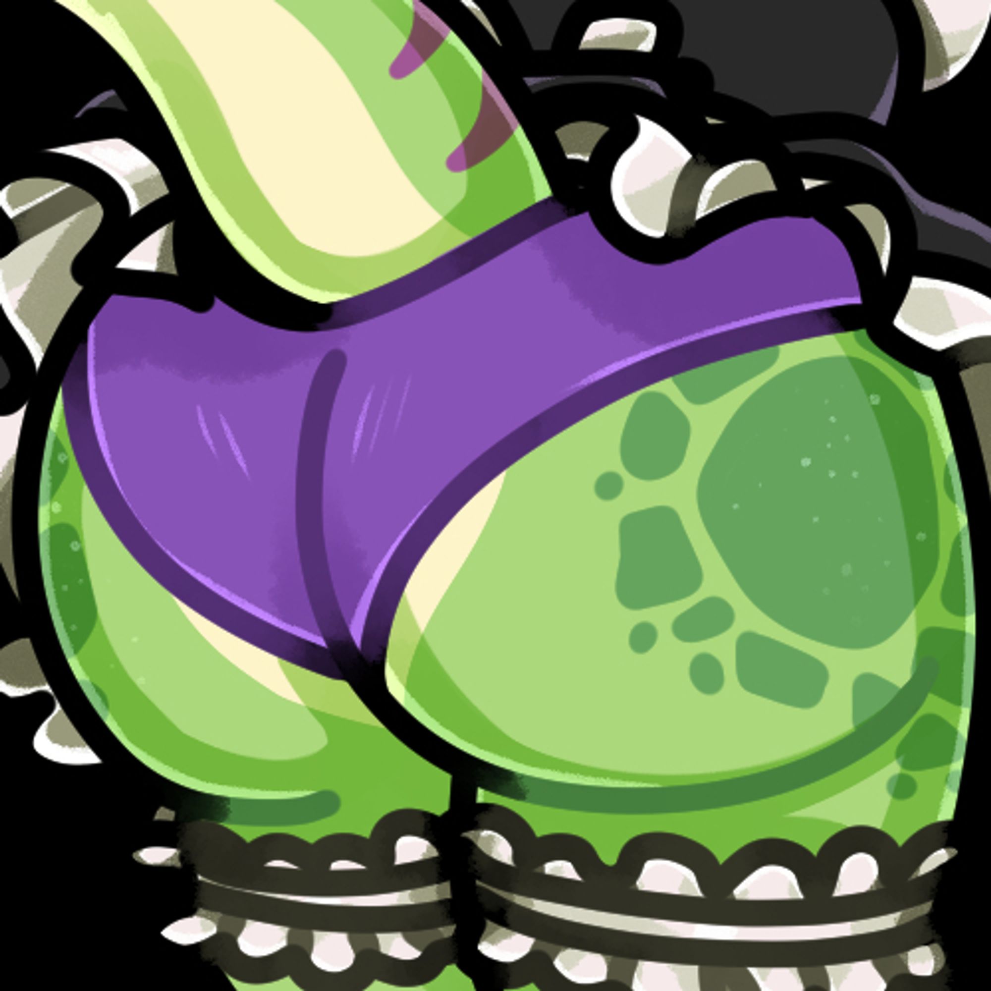 a closeup of iggy's lizard butt wearing purple panties, maid stockings are visible and parts of the dress above her iguana tail