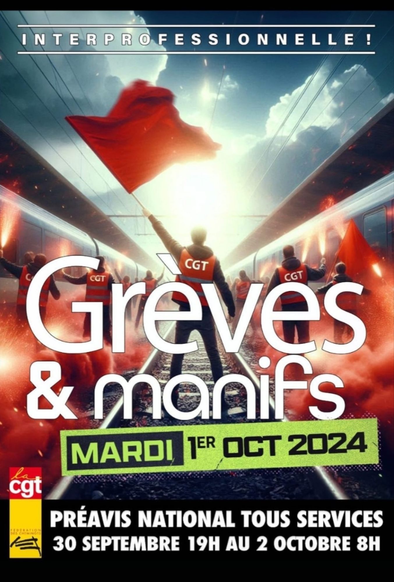 Affiche CGT cheminots pour la grève du 1er octobre.... Généré par IA.