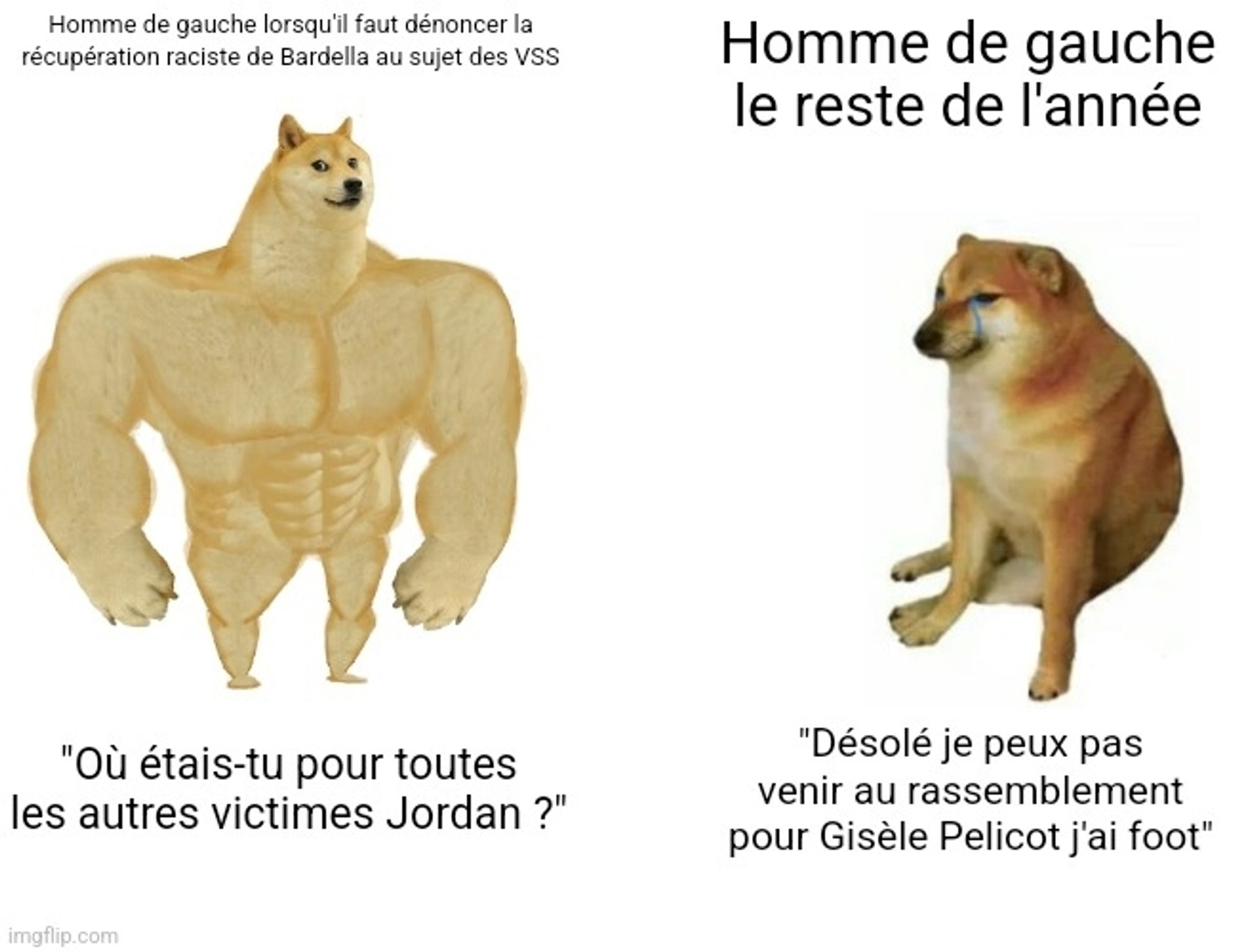 Meme buff doges versus cheems

Homme de gauche lorsqu'il faut dénoncer la récupération raciste de Bardella au sujet des vss : "ou étais-tu pour toutes les autres victimes Jordan ?"

Homme de gauche le reste de l'année : "désolé je peux pas venir au rassemblement pour Gisèle Pelicot j'ai foot"