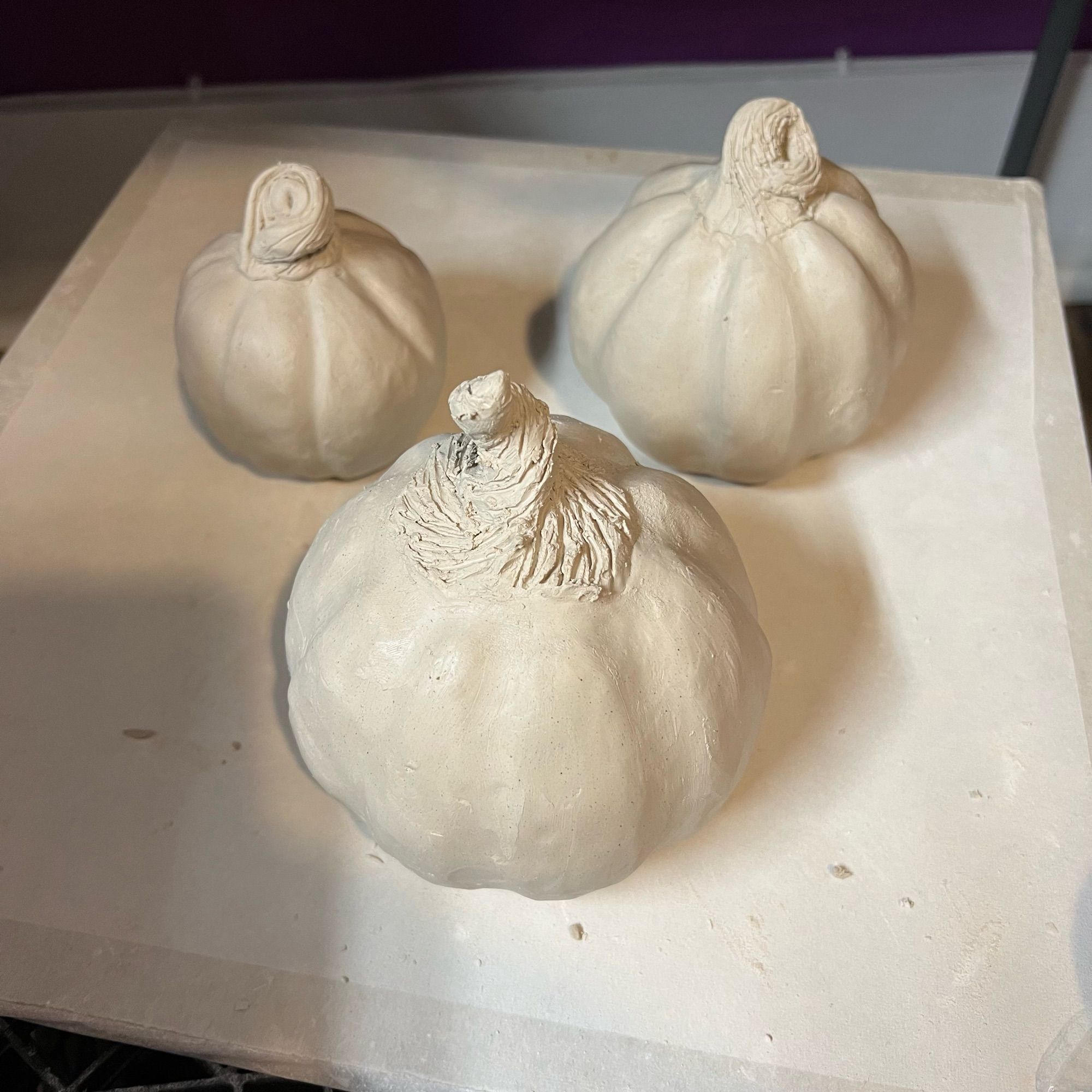 3 drying greenware hand built ceramic pumpkins in 3 sizes