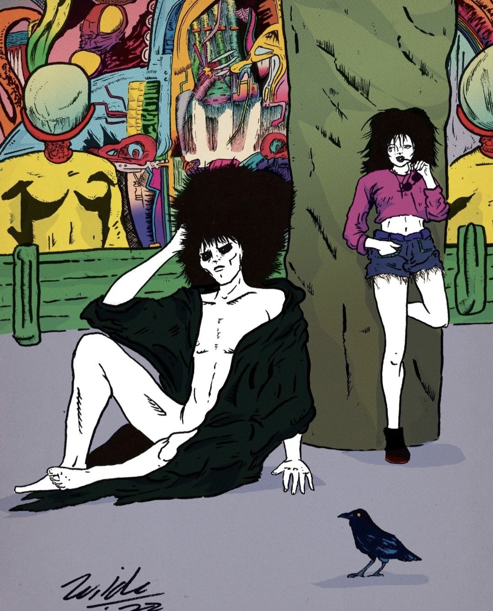 The Sandman and his anthropomorphic sister, Death, hang out in The Dreaming with a little bird.