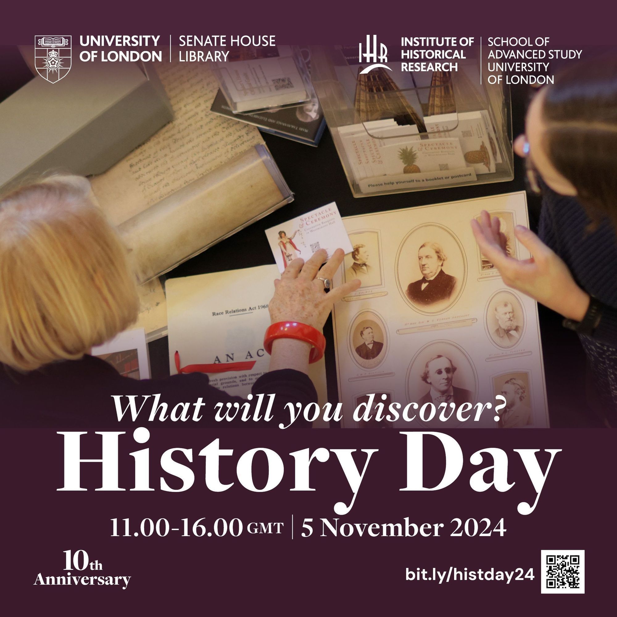 A woman wearing a red bangle looks at documents displayed on a table. What will you discover? Date and time information for the event, the 10th anniversary logo, and a link and qr code to the history day 2024 booking page are at the bottom of the image.