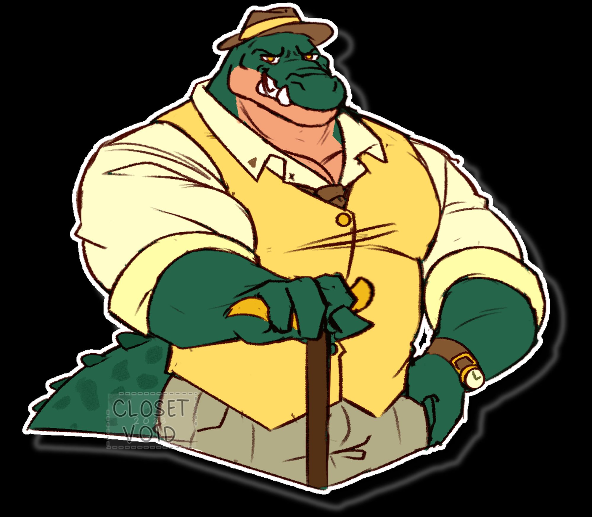 Roger, a crocodilian man, is standing while smirking at the viewer. His attire includes a brown fedora, a golden yellow vest with light yellow button-down shirt, a brown tie, beige slacks, and a brown and yellow cane and watch. He loves to dress fancily.