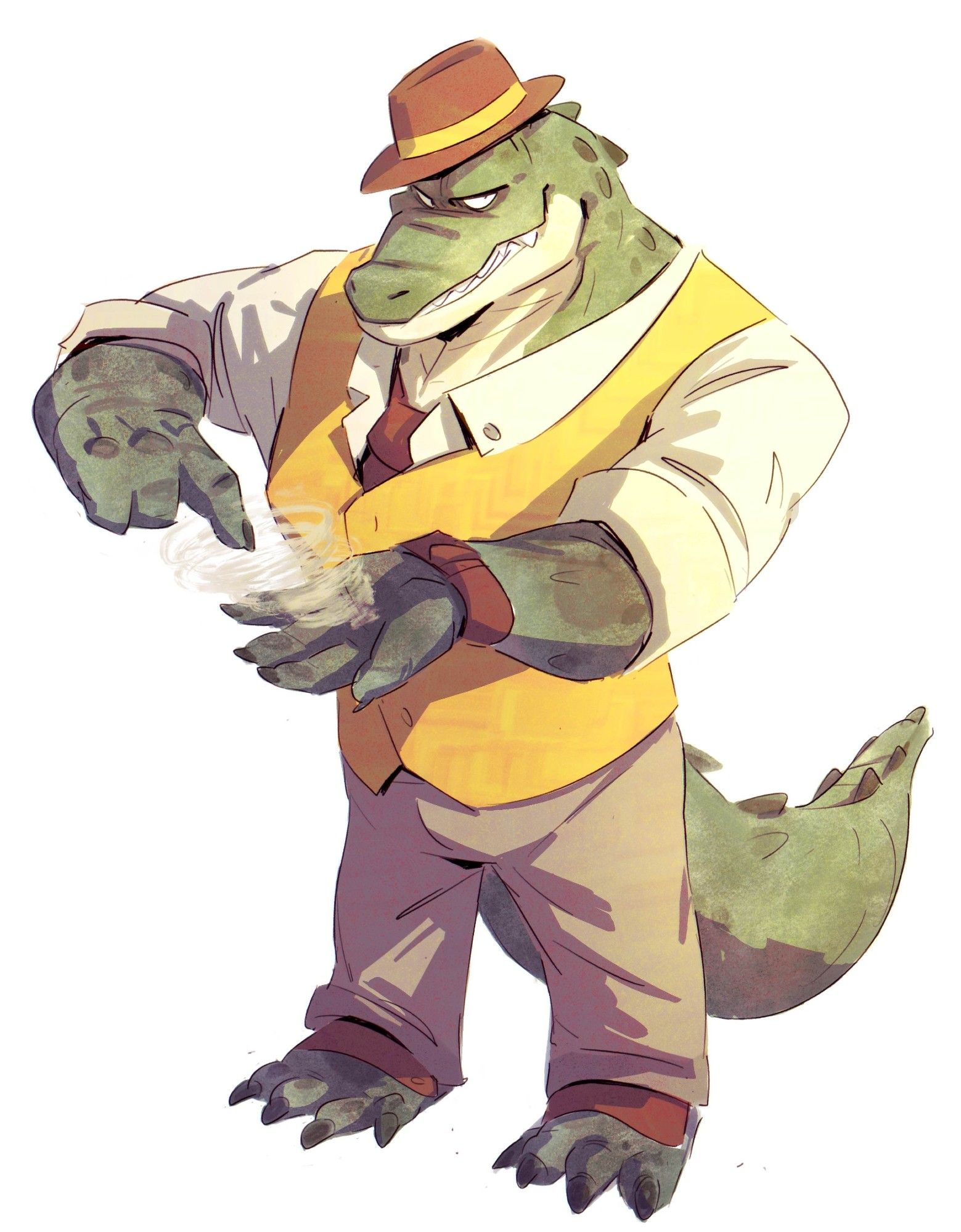 Roger, a crocodilian man, is spinning his finger around, creating a mini tornado in his hand. He is dressed dapperly in a light-colored button-down shirt with a red tie, a golden vest, brown slacks, brown fedora, and dark brown spats. He is smirking towards the camera.