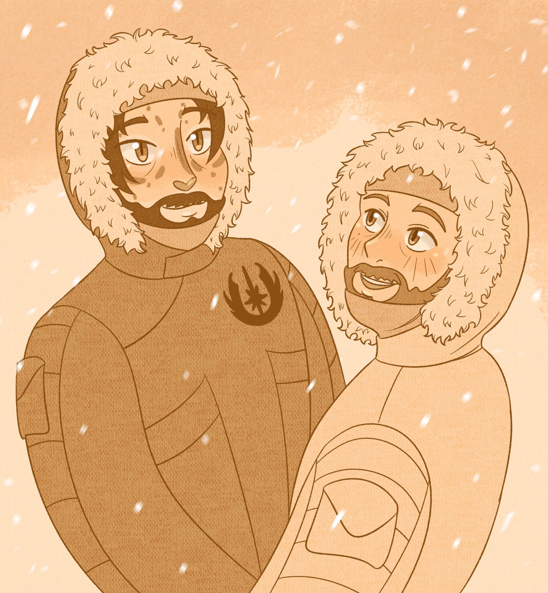 Digital art of Maahes the cathar and Obi-Wan Kenobi in snow coats admiring snow falling around them. The art is in a yellow monochromatic color palette.