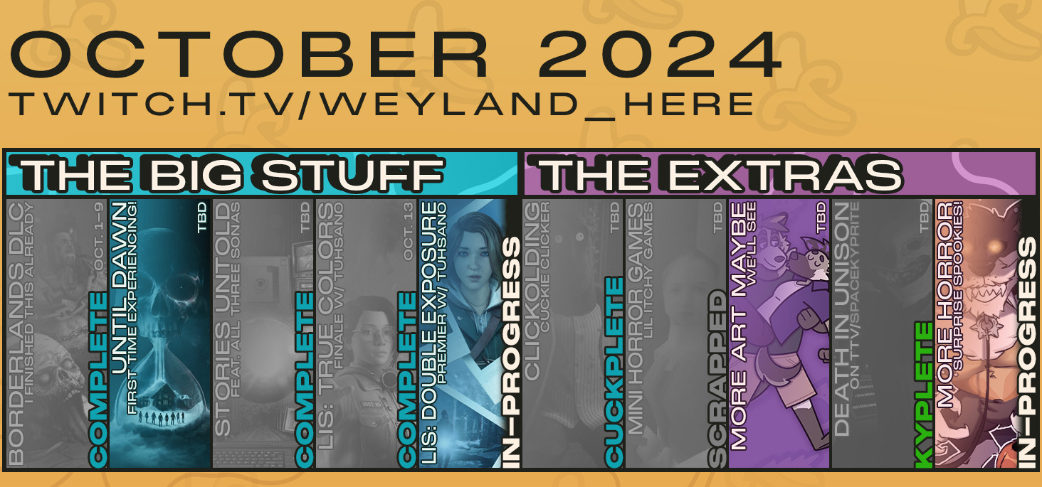 October 2024 roadmap for the Twitch channel, Weyland_Here. Divided into two sections: The Big Stuff and The Extras.

The Big Stuff includes:
- Borderlands DLC, complete!
- Until Dawn, first time experiencing! Date to be decided.
- Stories Untold, complete!
- Life is Strange: True Colors finale, complete!
- Life is Strange: Double Exposure, in progress (stream every Sunday!)

The Extras includes:
- Clickolding, complete! Though it says "Cuckplete" because I was trying to be funny.
- Mini Horror Games, scrapped for new plans.
- More Art Maybe, date to be decided.
- Death in Unison on ttv/SpaceKyprite, complete! Though I also typed "Kyplete" because, again, trying to be funny.
- More Horror via surprise spooky streams, in progress! Scattered, random dates throughout the remainder of the month.