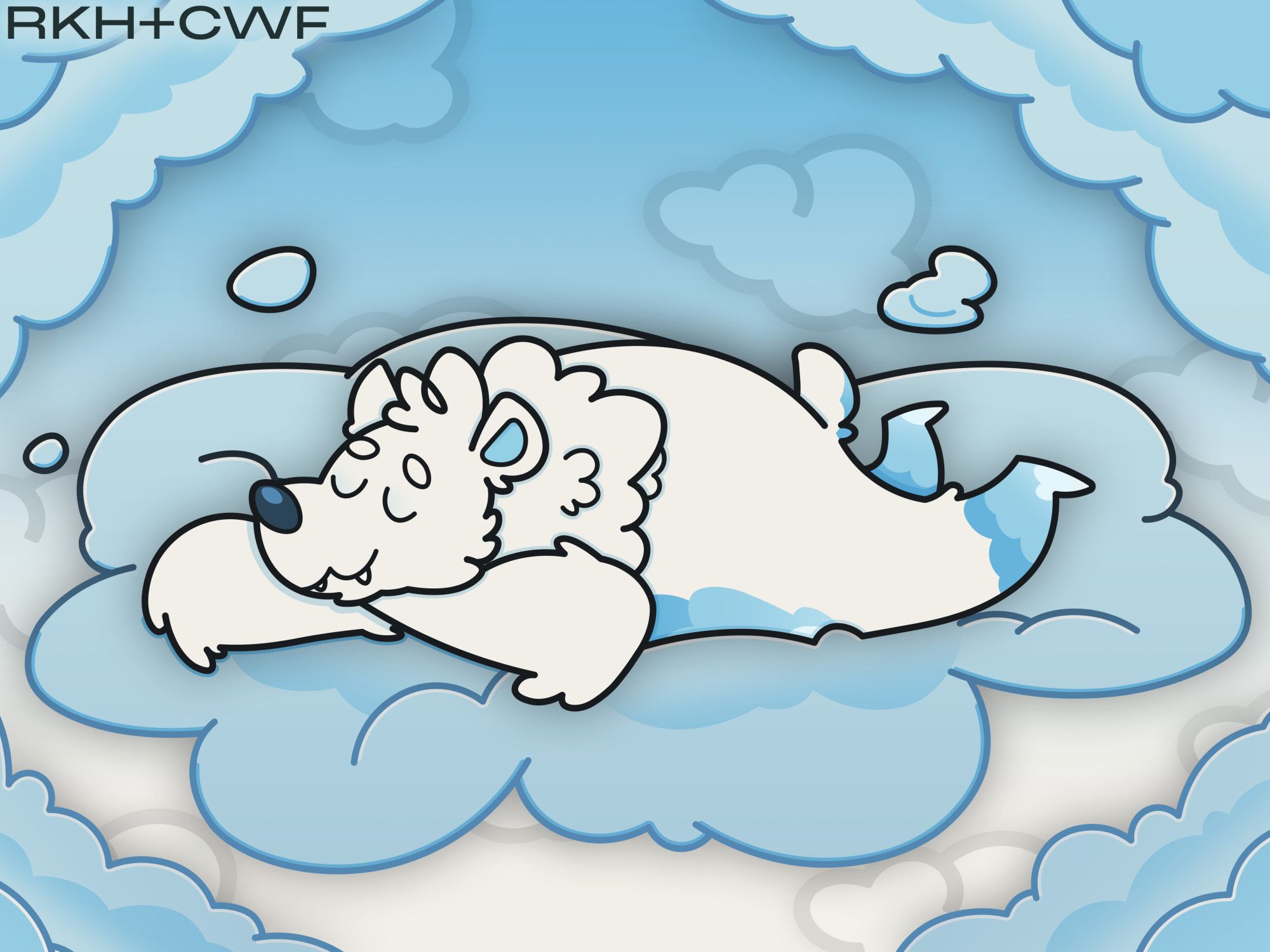 An anthropomorphic bear, white with big fluff around their neck. They have blue ear insides, a big blue nose, and blue cloud patterns on their legs and stomach. They are resting on their stomach, with their head on their arms, sleeping. Under them is a cloud. They are also surrounded by clouds and the background is a repeating pattern of simpler clouds.