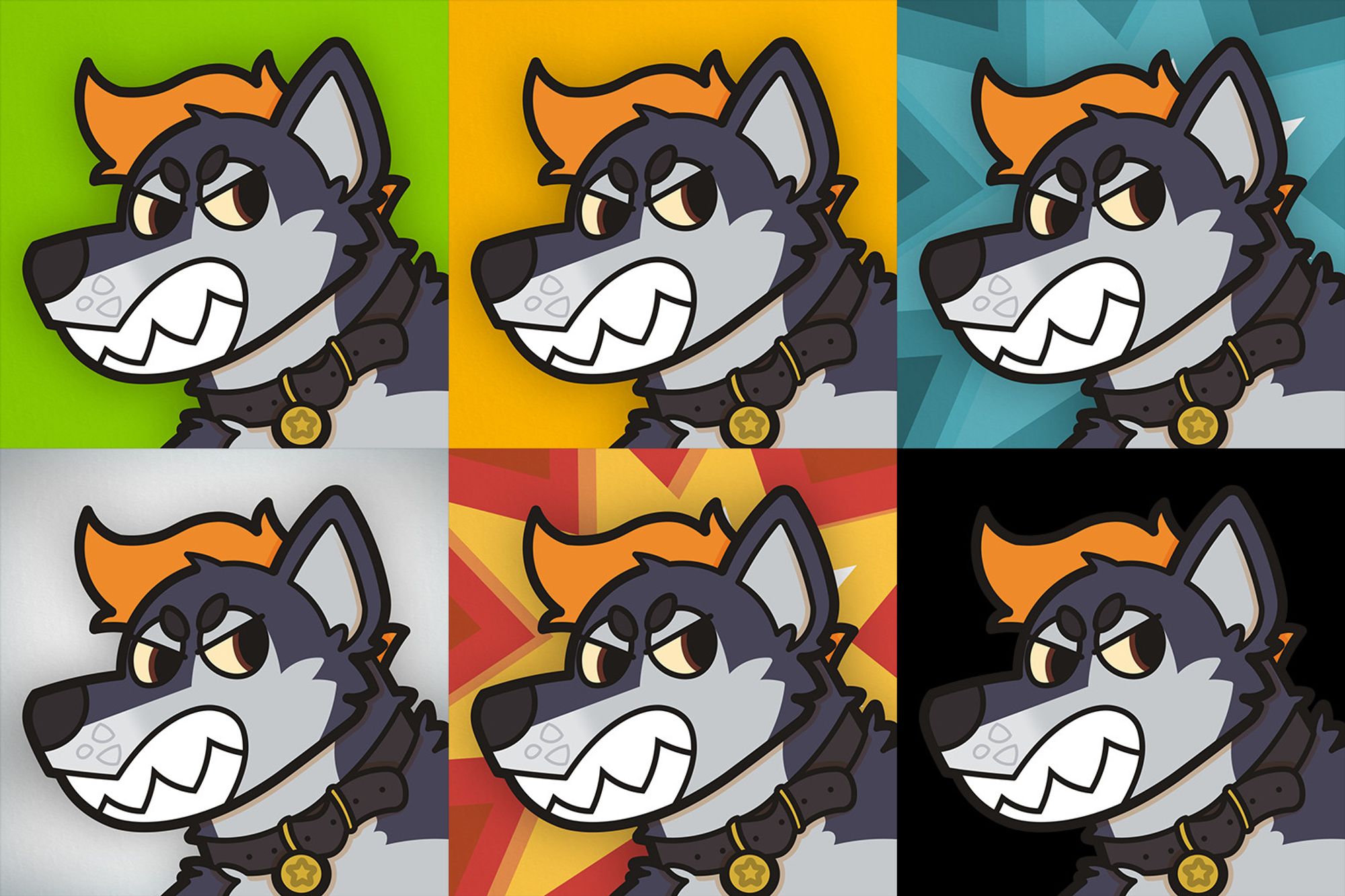 Six versions of the same image. It is a headshot of an anthropomorphic wolf, doing a BIG angry-but-cute toothy snarl. They are dark blue with a light gray countershade. They have orange hair on their head. The backgrounds, from left to right and top to bottom, are lime green, pumpkin orange, a blue explosion, white, a red and yellow explosion, and then transparent.