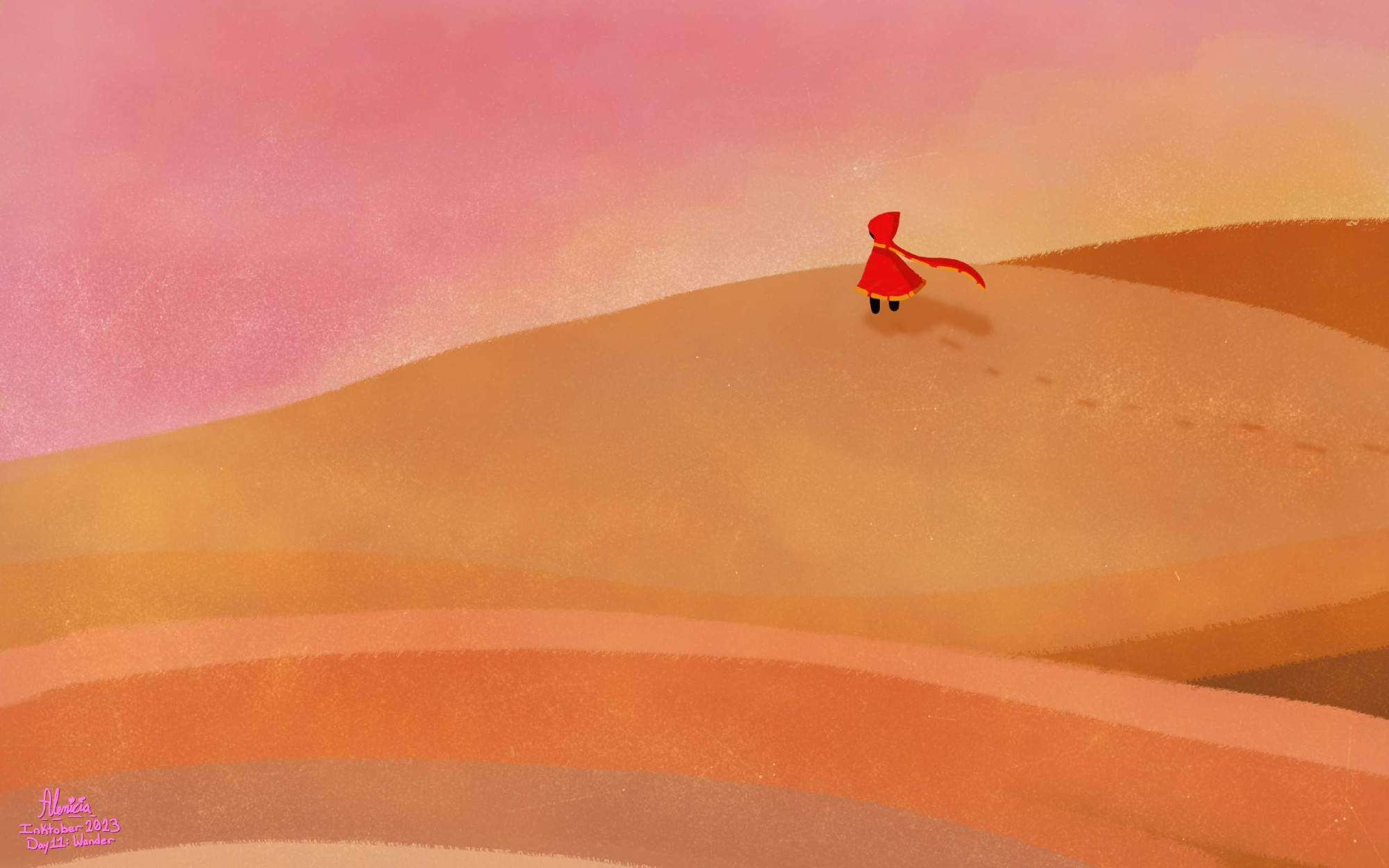 A cloaked figure roaming a vast desert